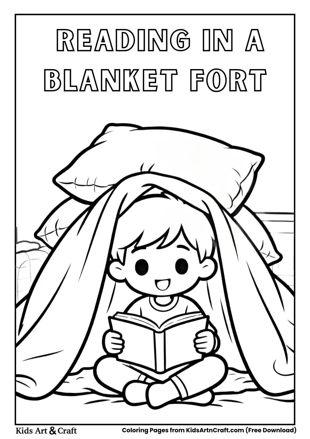Kid reading under a blanket fort coloring page