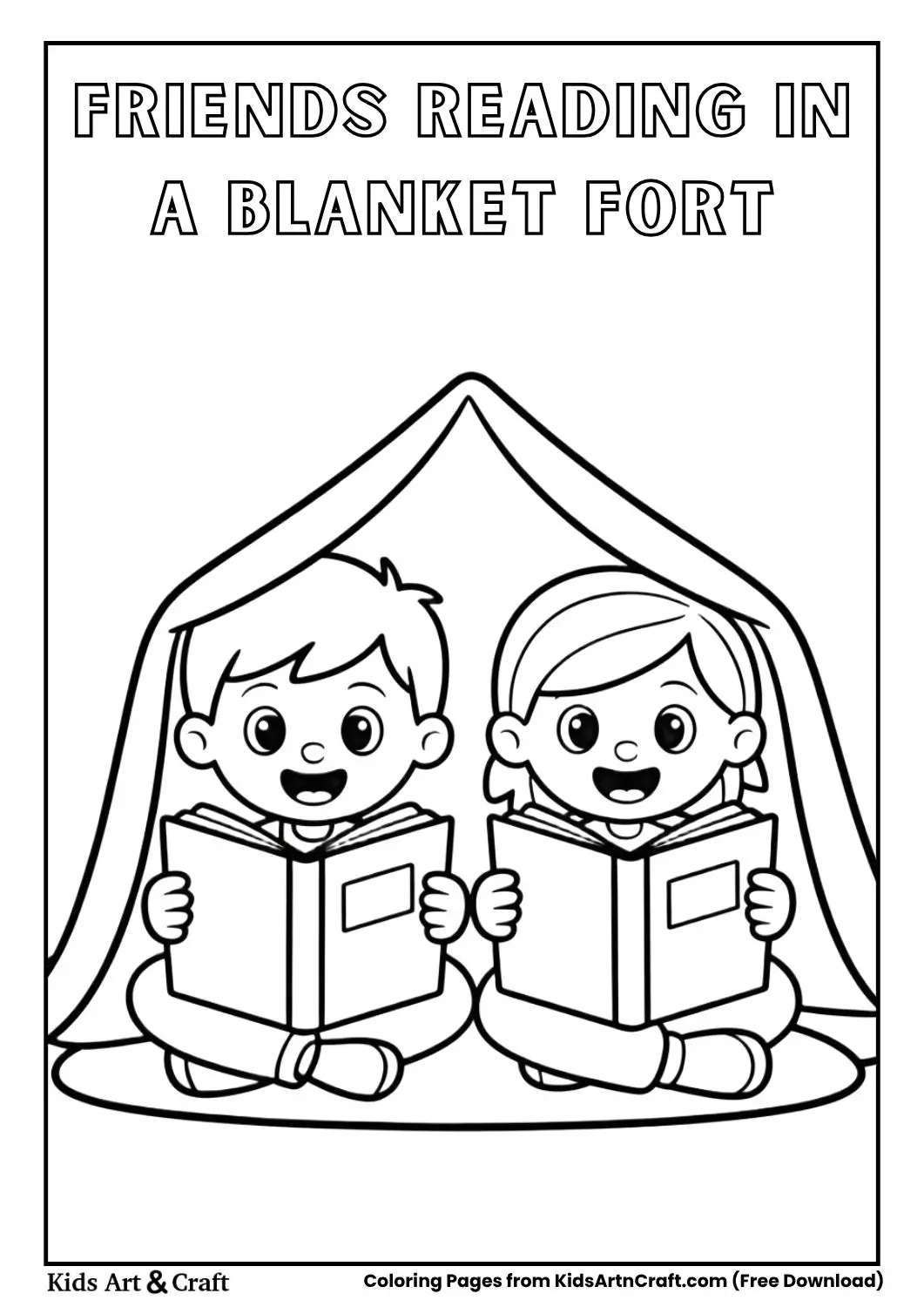 kids reading under blanket fort coloring page