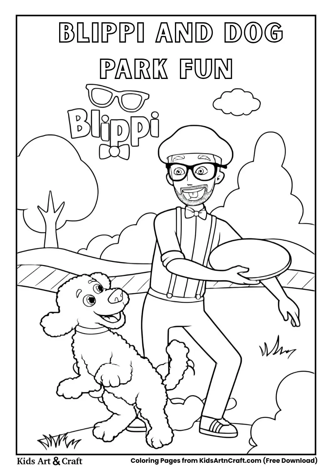 Blippi playing frisbee with a dog in a park scene