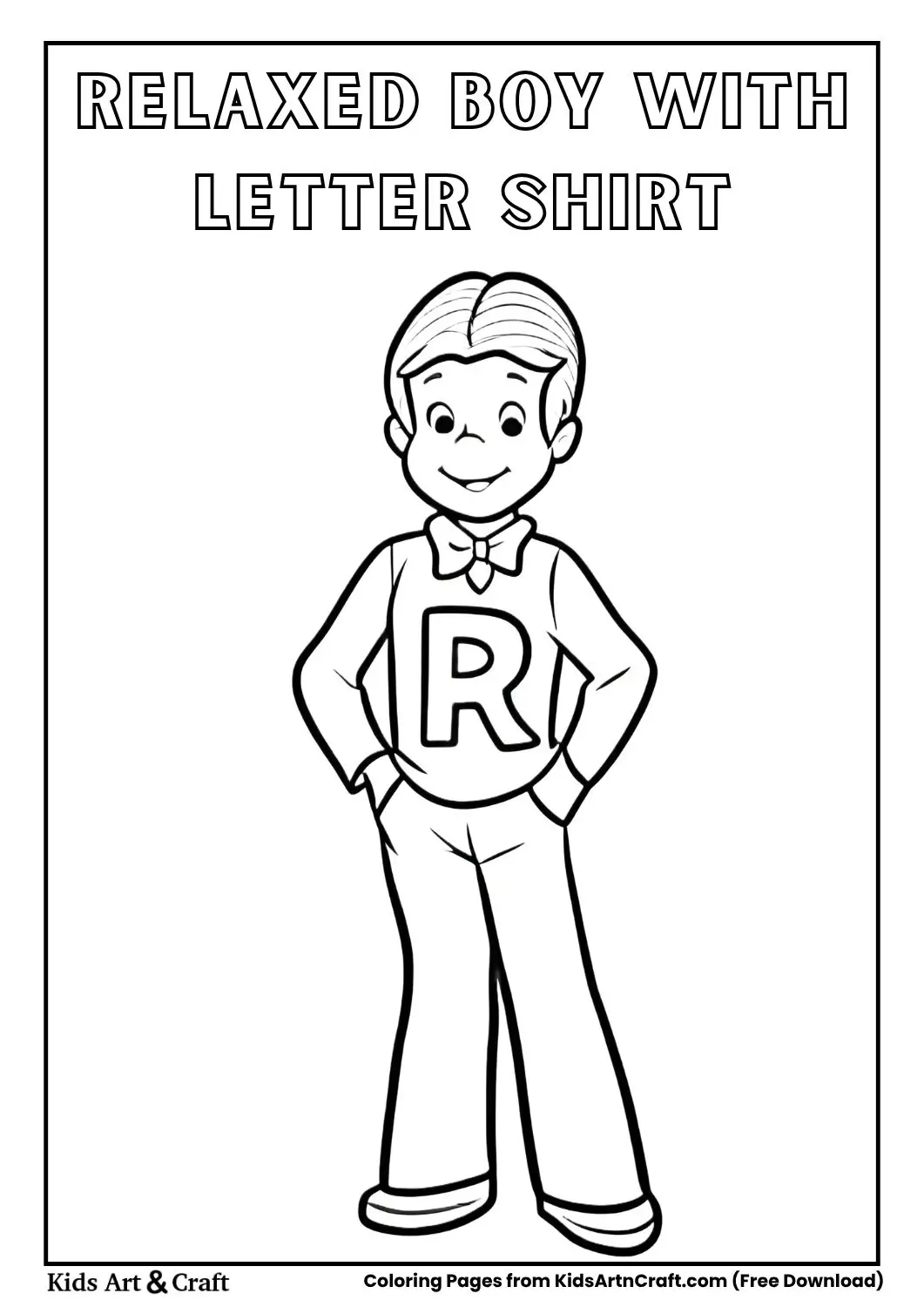 Young boy with “R” shirt standing with hands in pockets