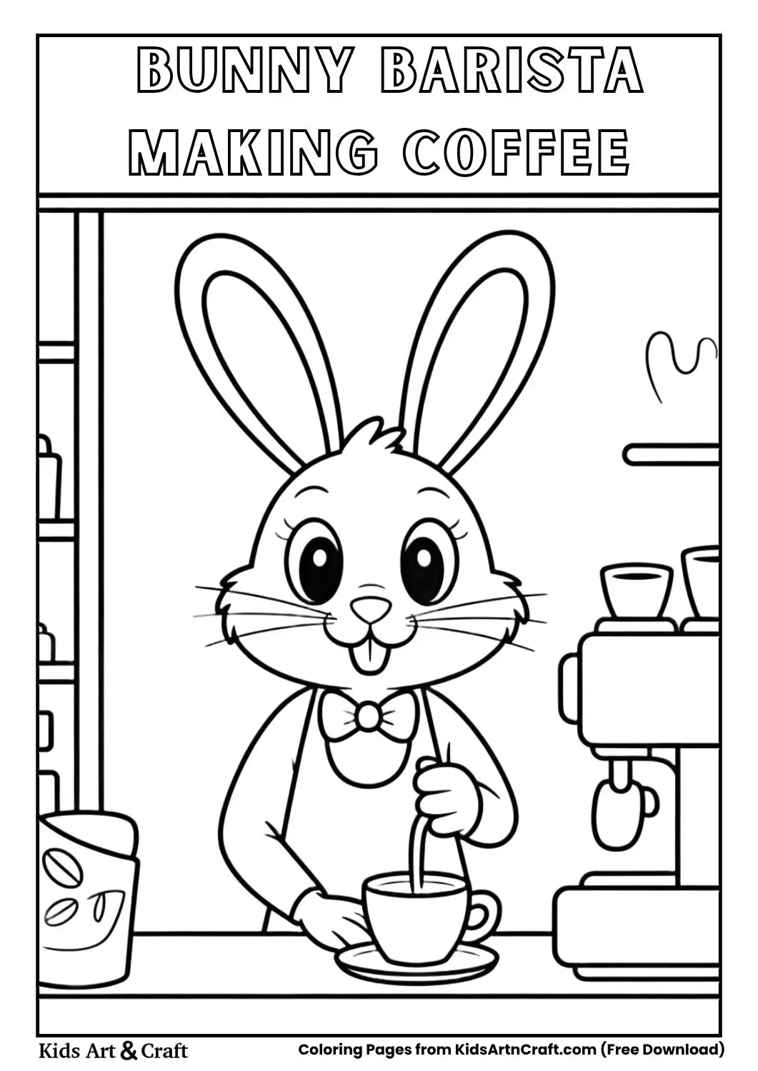 Bunny barista making coffee in café coloring page