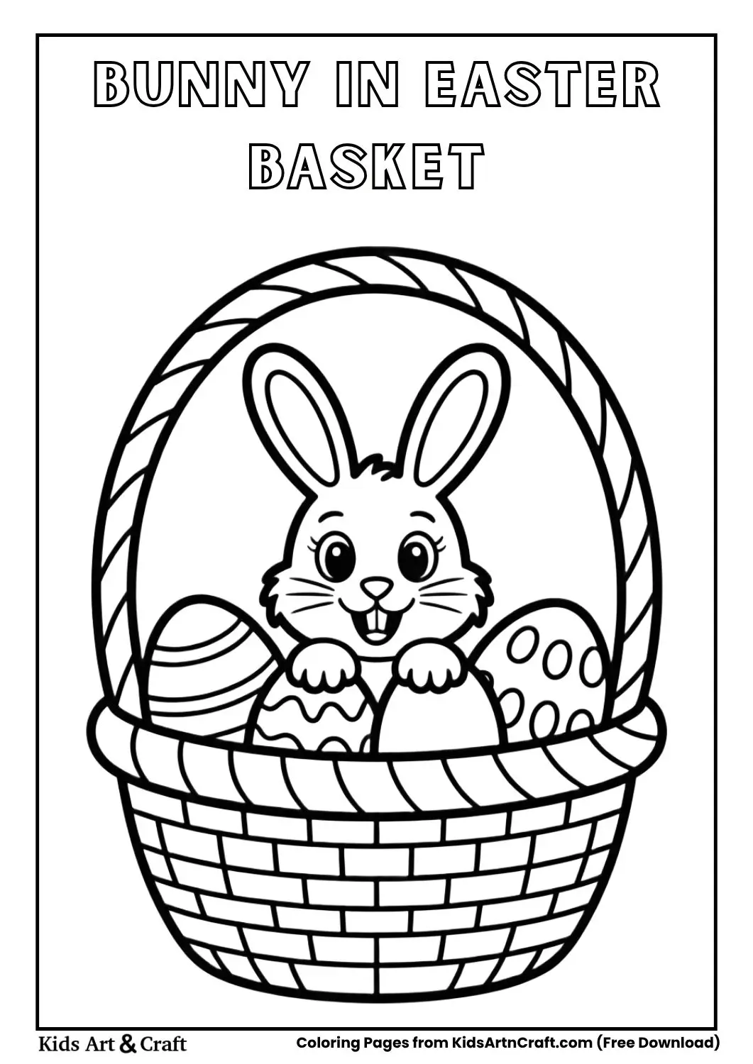 Cute bunny peeking out of Easter basket with eggs coloring page