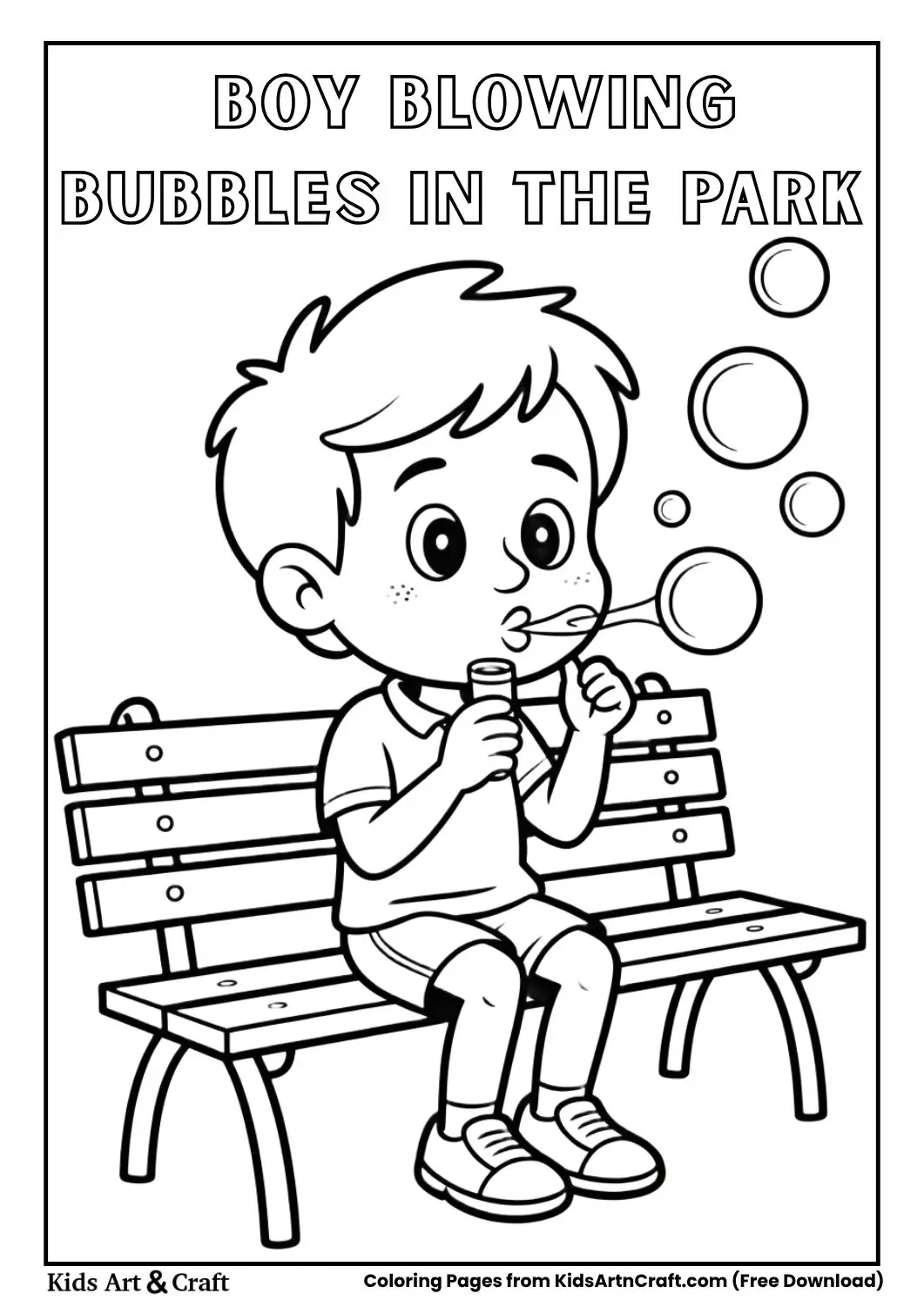 Cartoon boy sitting in a park blowing bubbles with trees and grass
