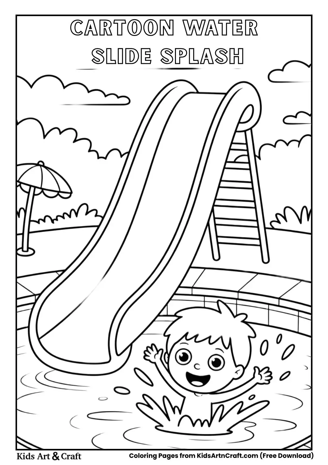 Child sliding down a water slide and splashing into pool