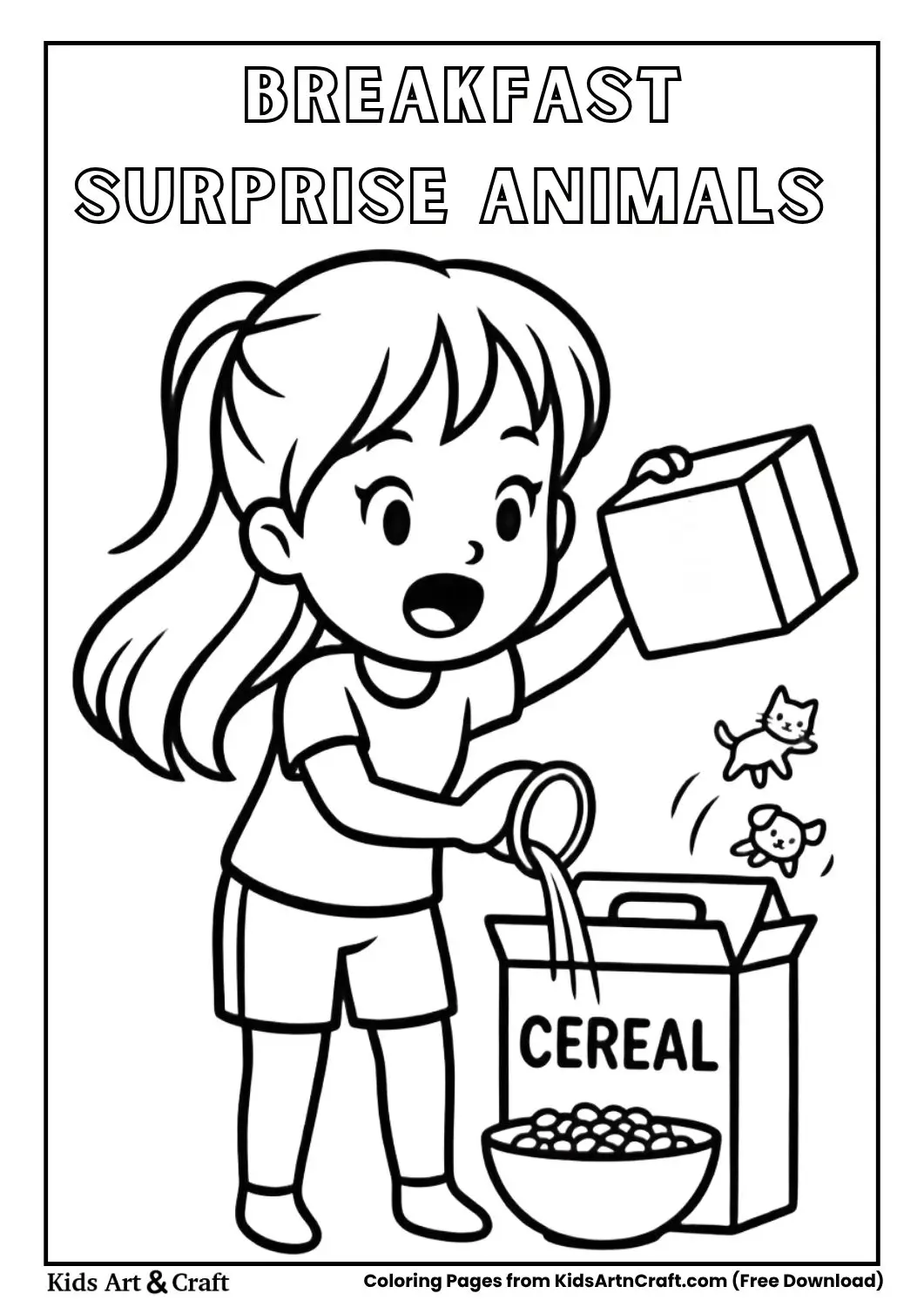 Kids pouring cereal with animals jumping out of the box coloring page
