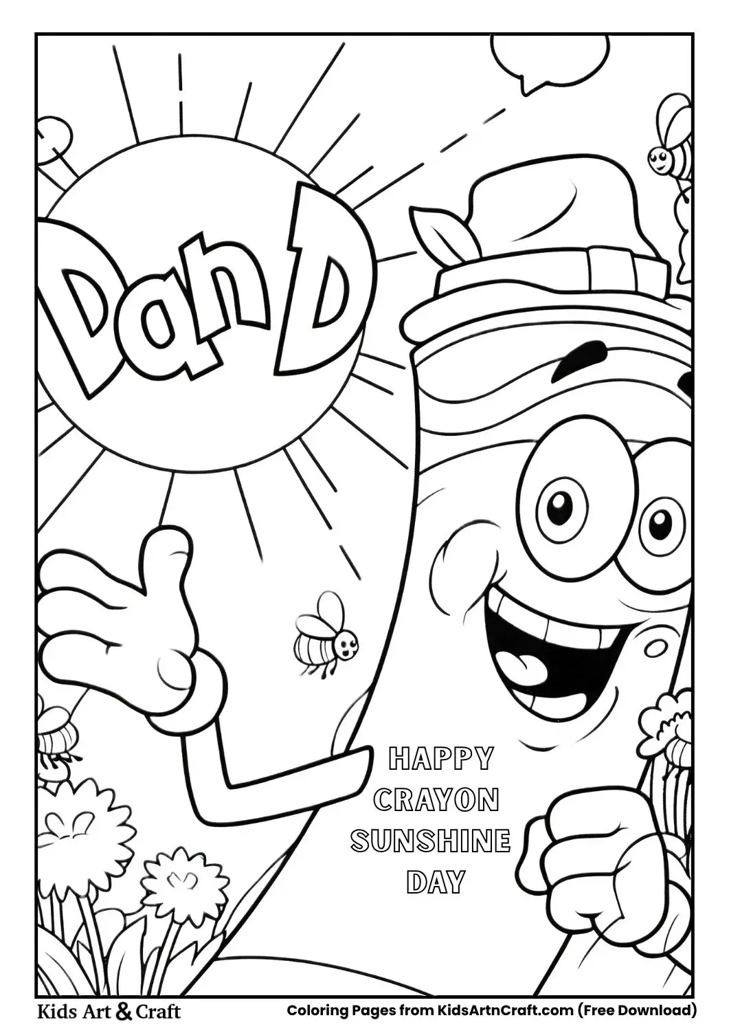 Smiling crayon giving thumbs up with sun, flowers, and flies