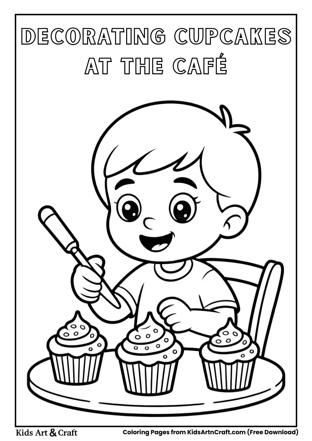 child decorating cupcakes with frosting and sprinkles coloring page
