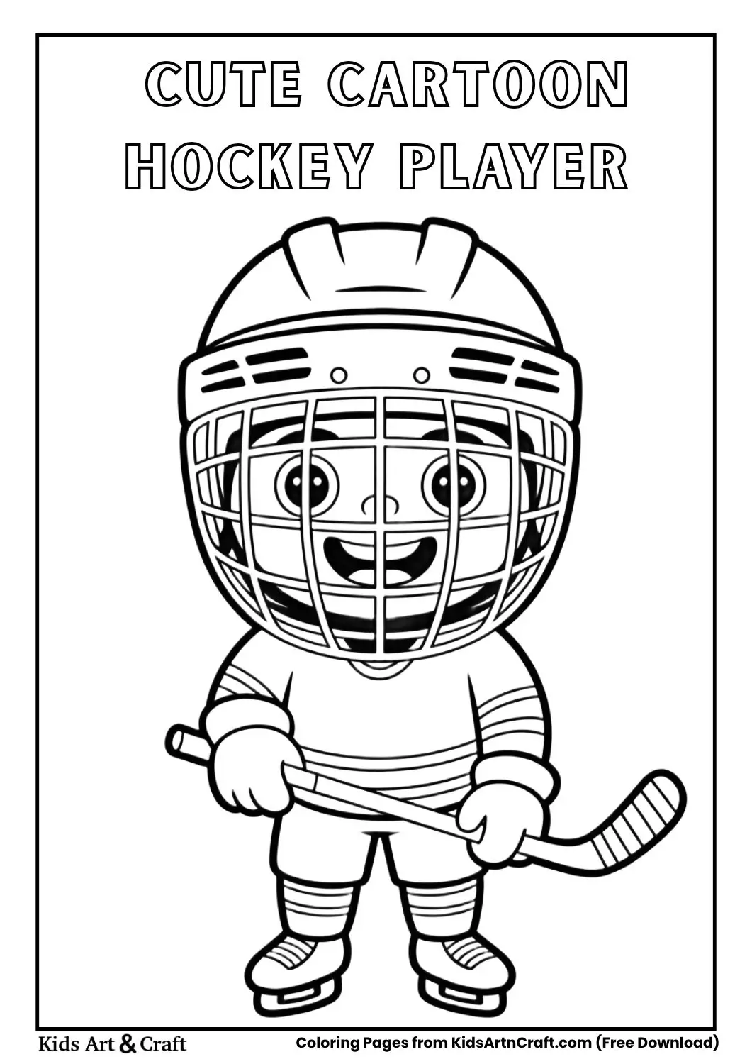 cute cartoon hockey player with helmet smiling coloring page
