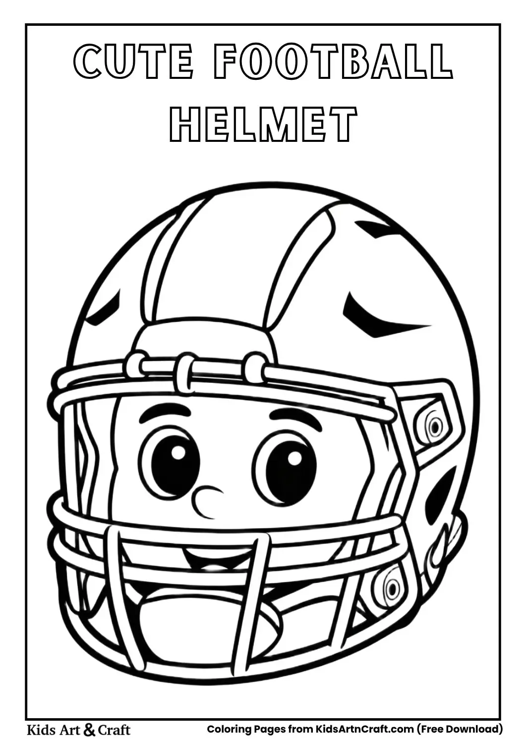 Cute smiling football helmet black and white coloring page for kids