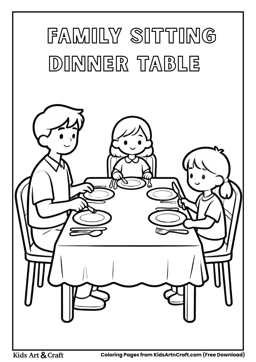 Family setting dinner table coloring page for kids