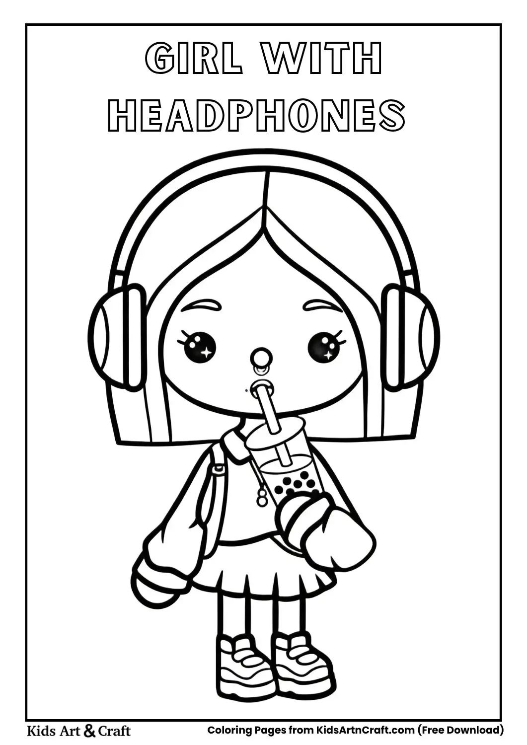 Cartoon girl wearing headphones and drinking from a cup with a straw