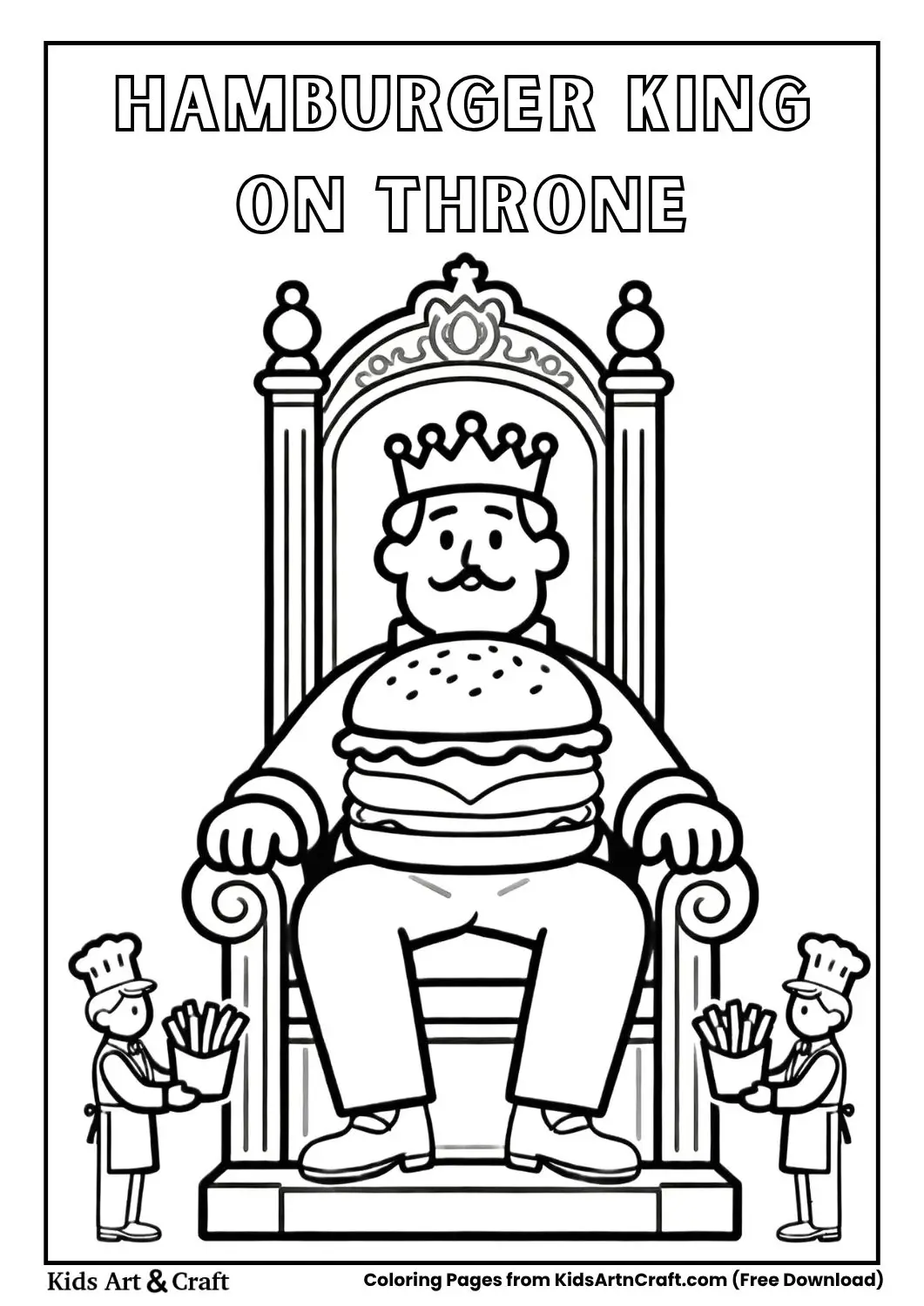 Giant hamburger sitting on a throne with humans serving it coloring page