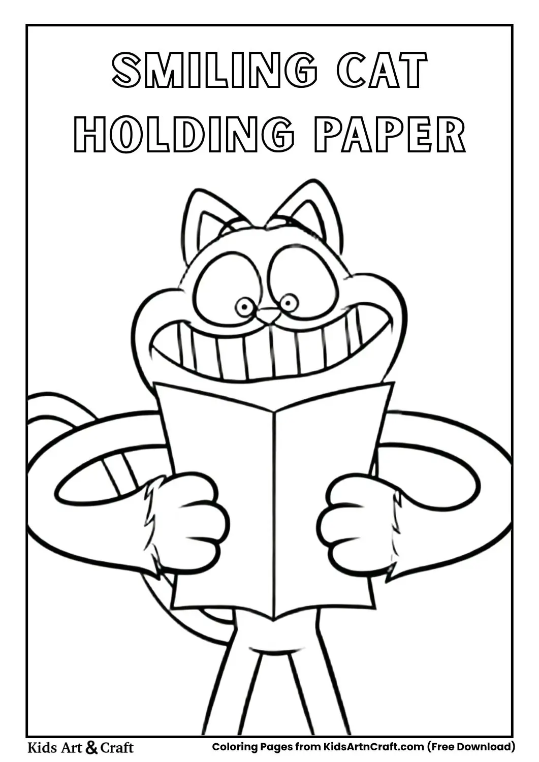 Cartoon cat holding paper with big grin coloring page