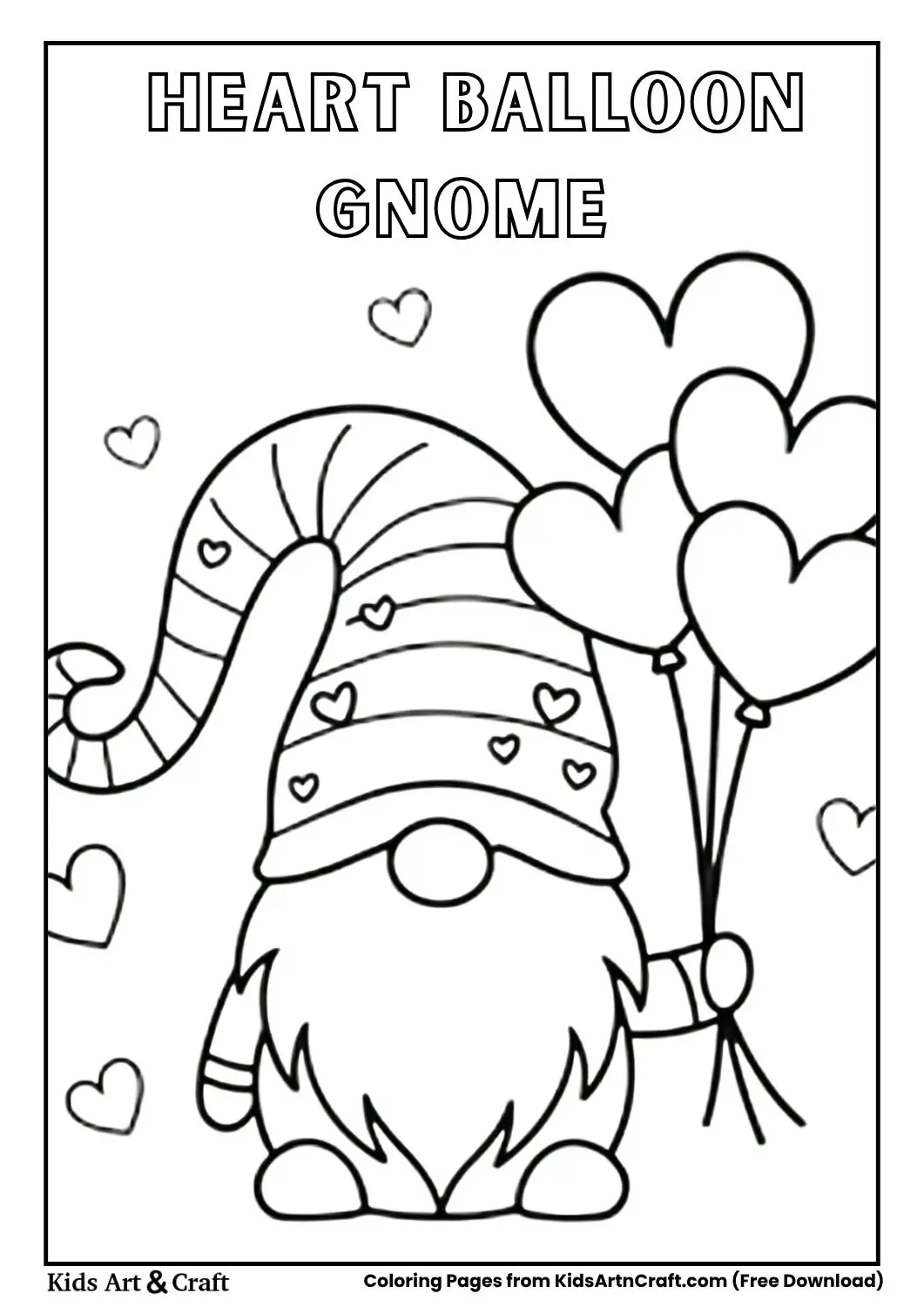 Gnome holding heart-shaped balloons with hearts floating around
