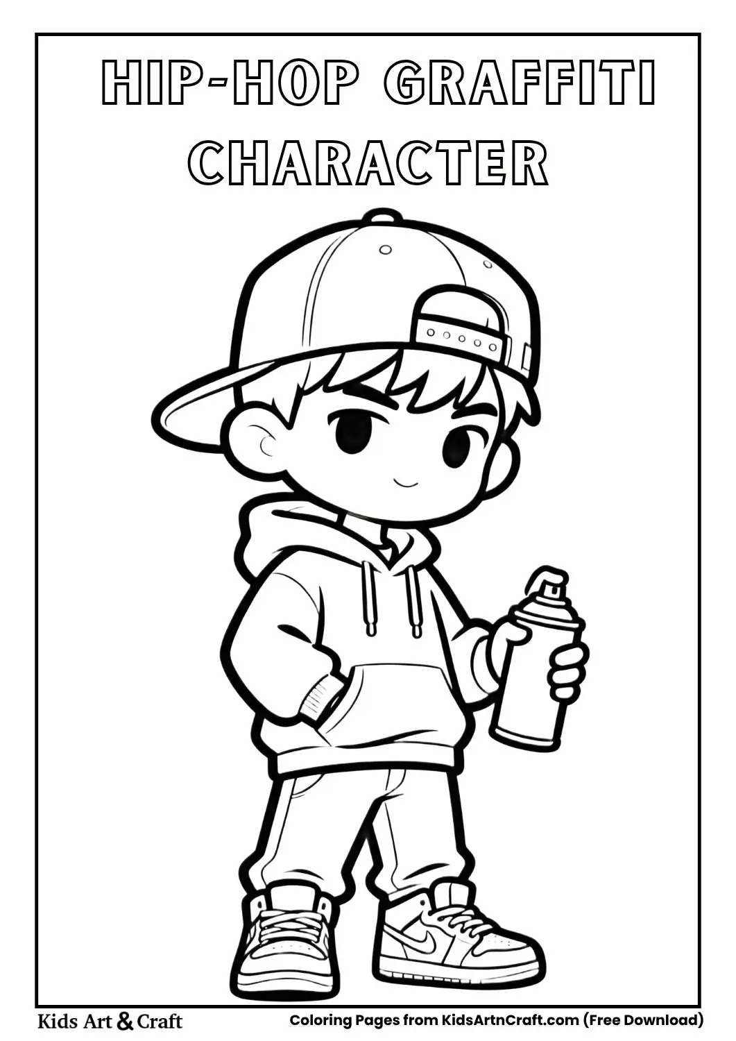 Cartoon hip hop boy with cap and spray paint coloring page