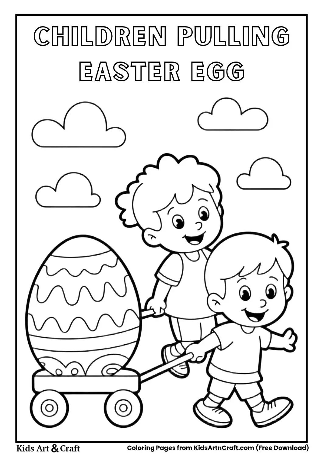 Children pulling a giant Easter egg on a wagon coloring page