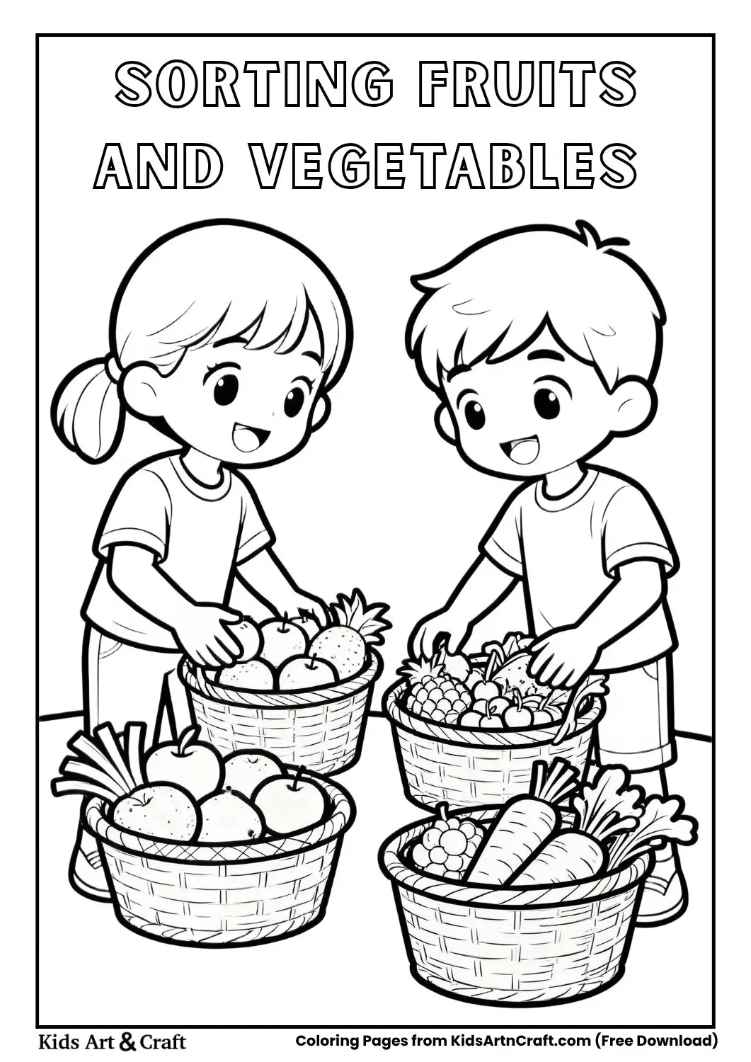 Kids arranging fruits and vegetables into baskets, simple line art coloring page