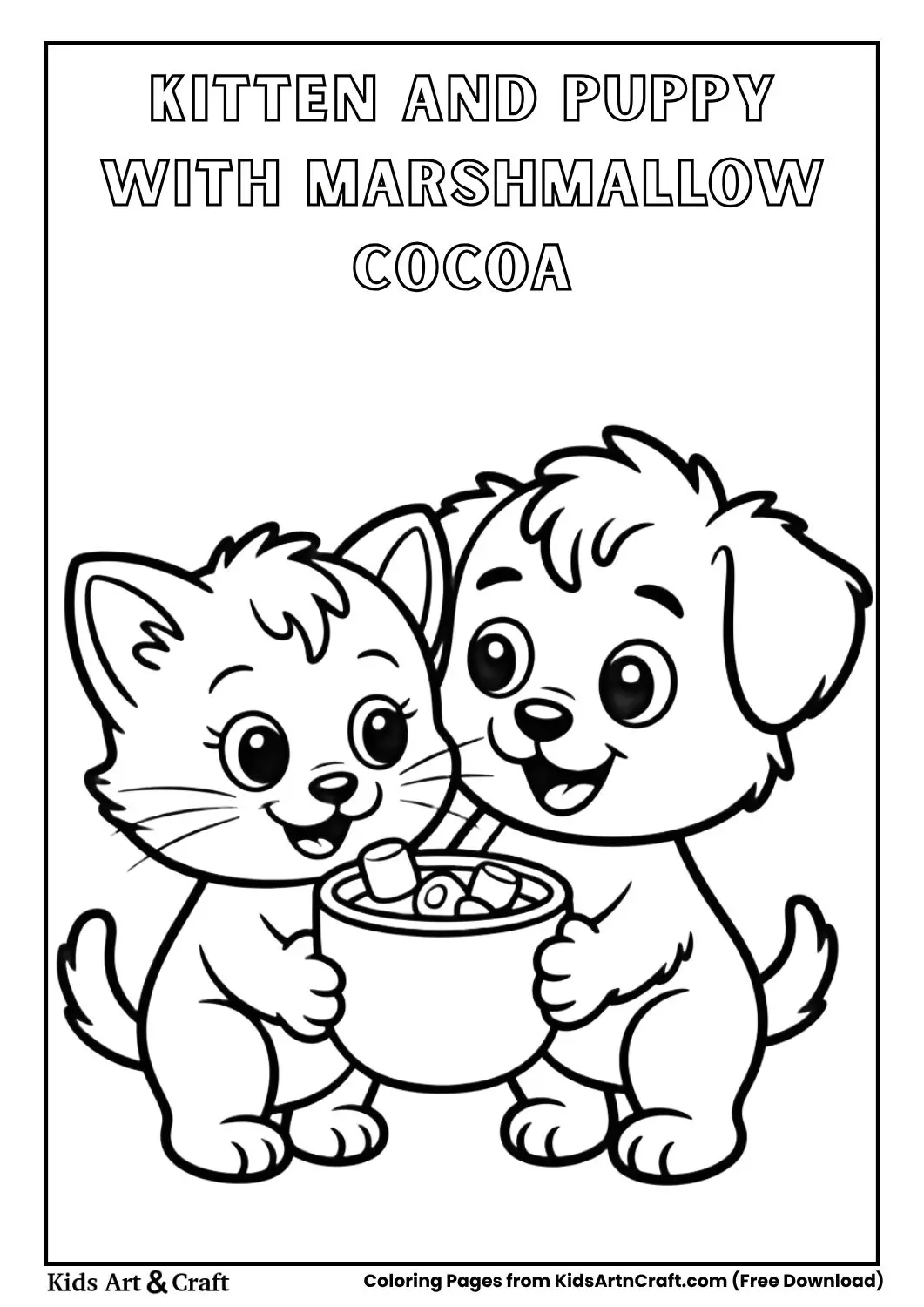 Smiling kitten and puppy sharing marshmallow hot cocoa, black and white
