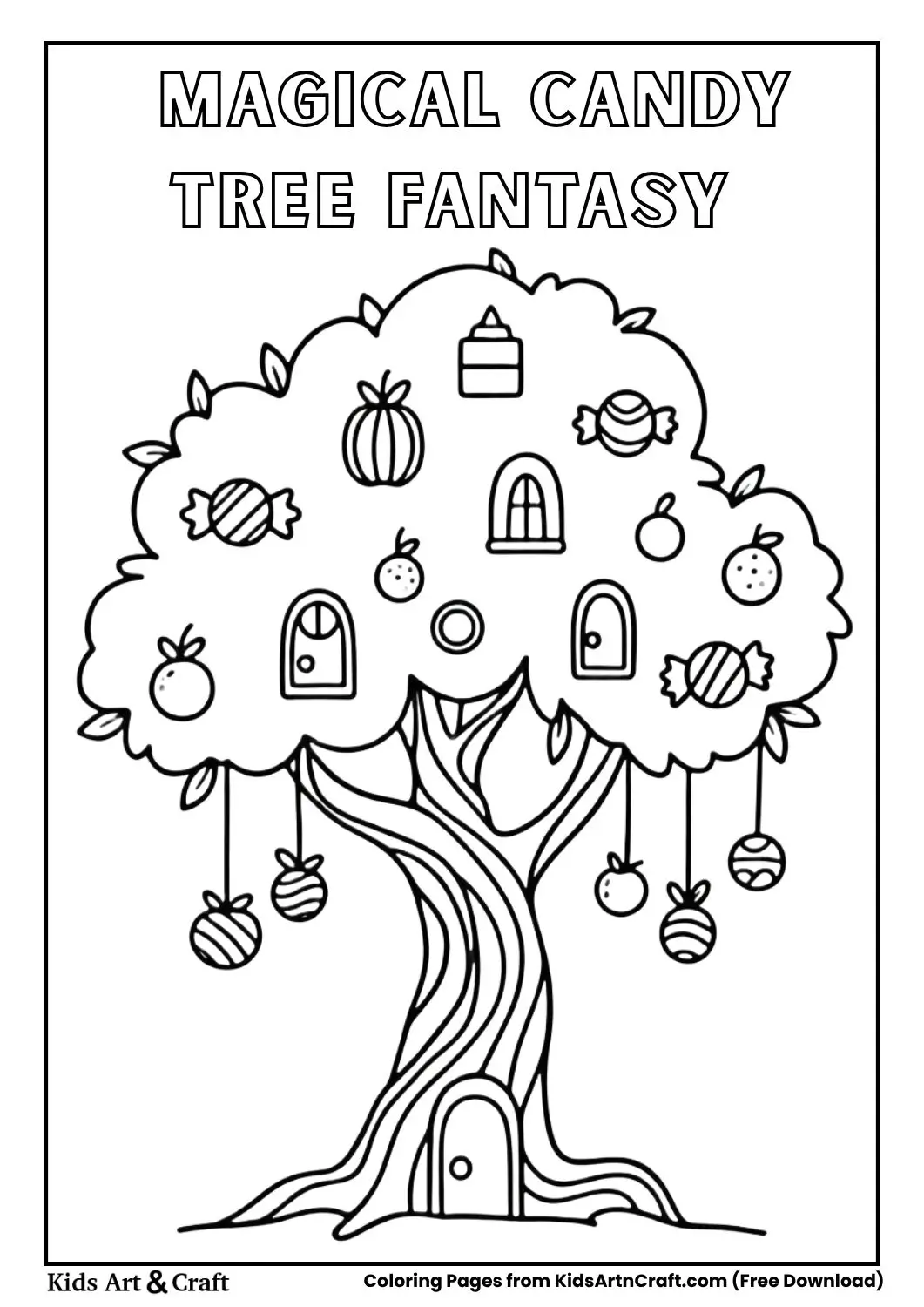 Candy tree with fairy doors and sweet fruits coloring page