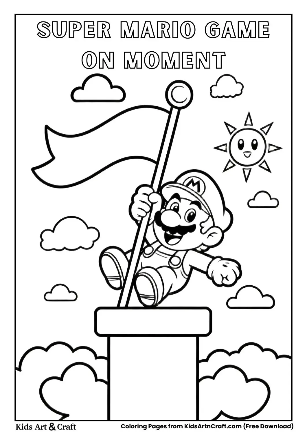 Mario jumping out of a pipe holding a Game On flag