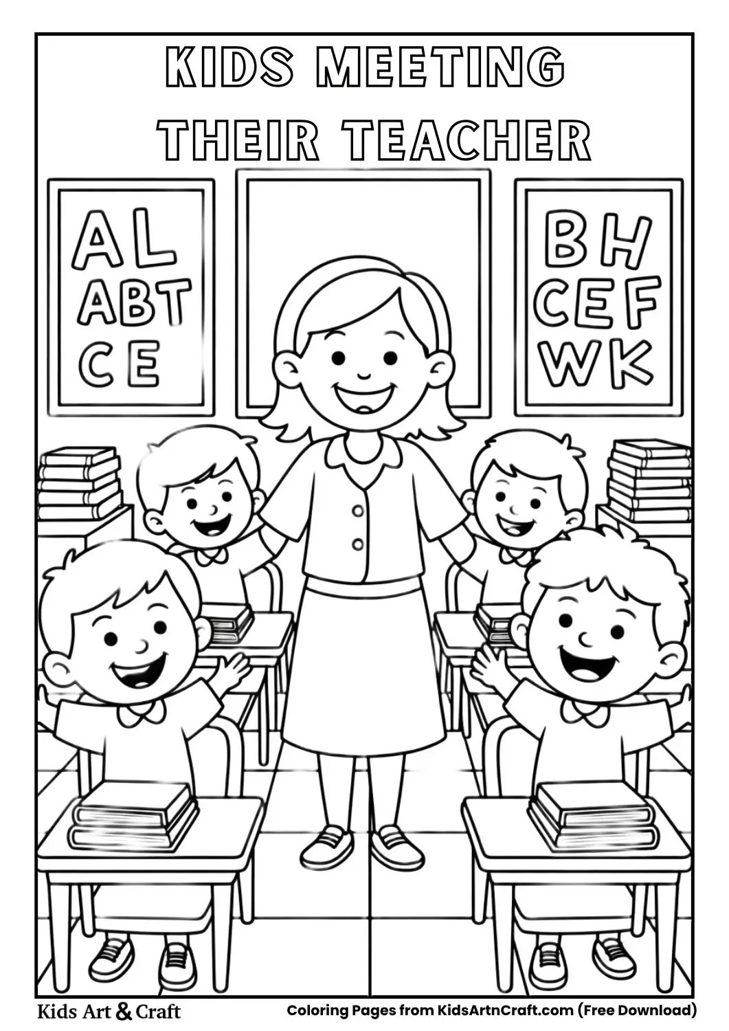 black and white coloring page of children meeting their teacher in classroom