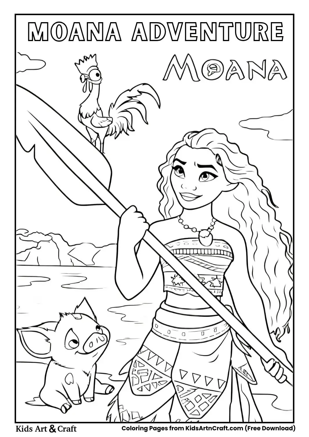 Moana holding oar with Pua pig and Heihei rooster in background