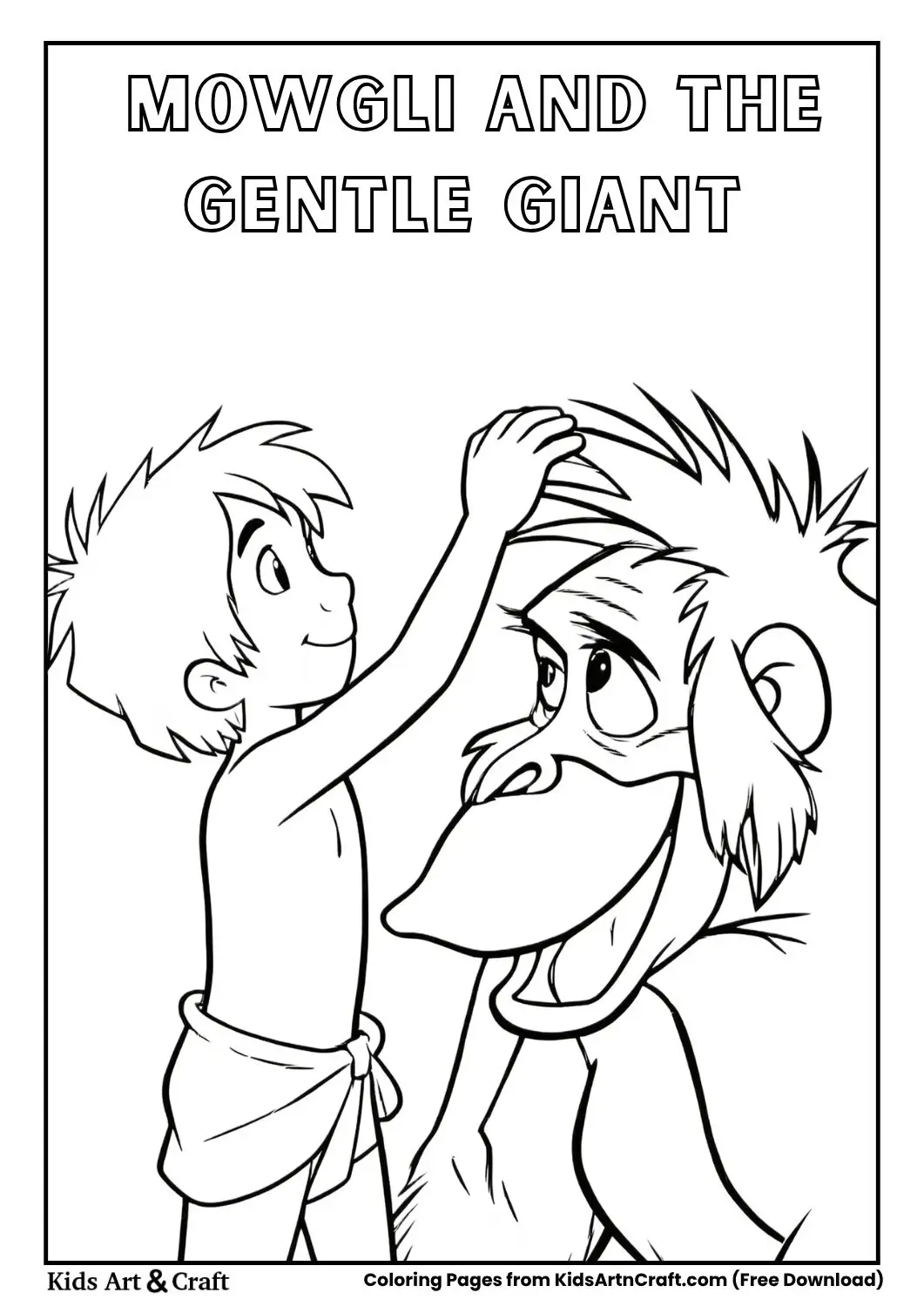 Boy touching an ape-like creature inside a circular frame line drawing