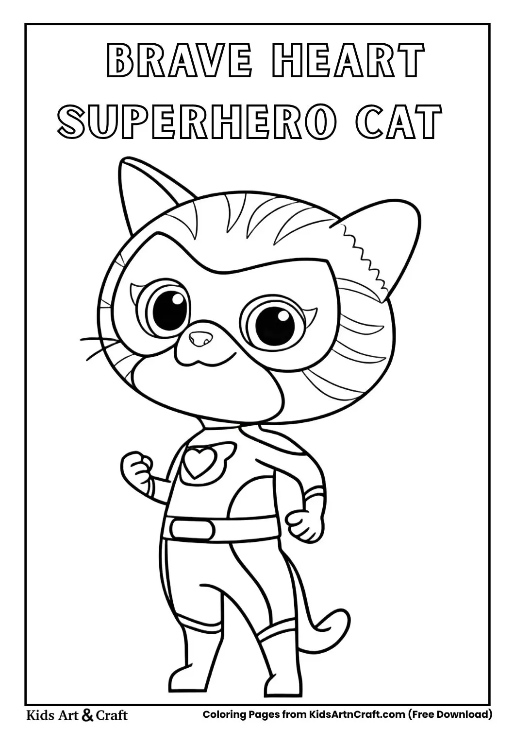 Cartoon cat superhero with heart emblem costume and mask standing confidently coloring page