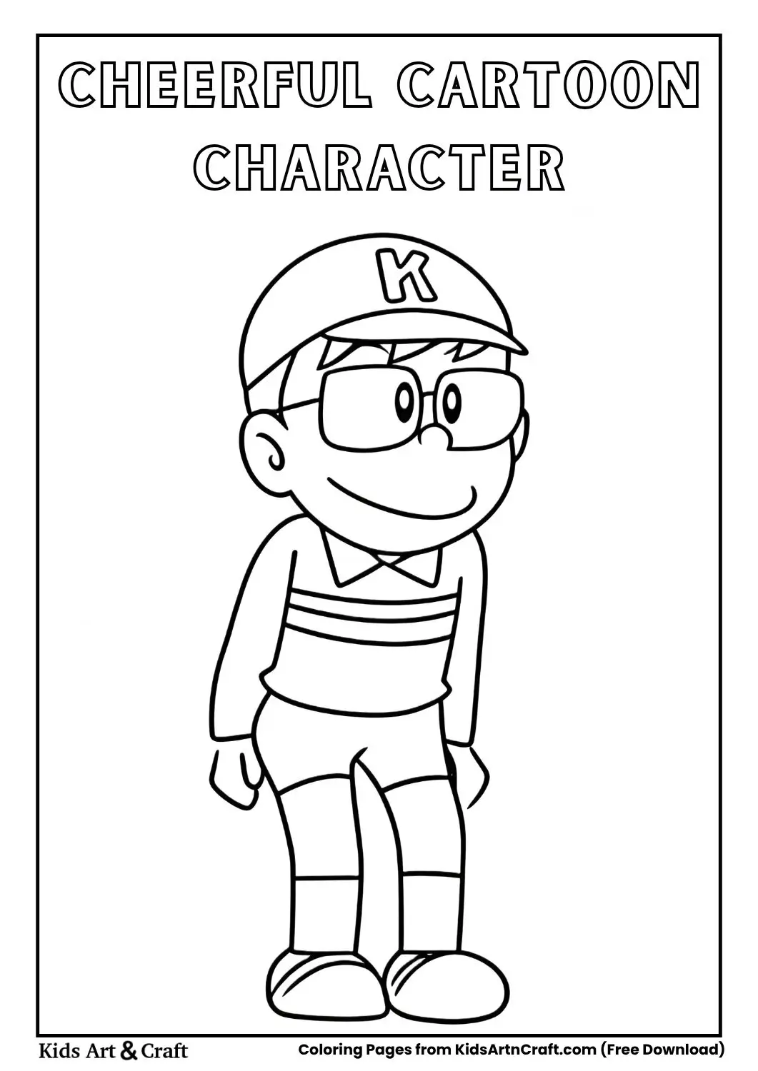 Cartoon character with cap and glasses smiling