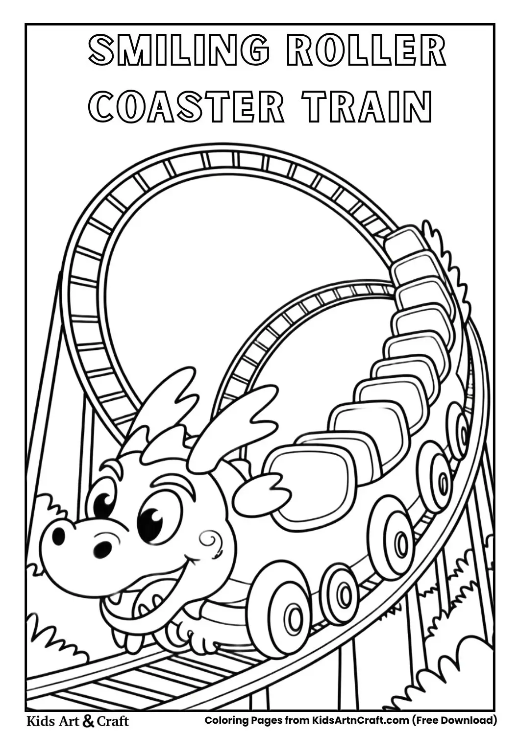 Cartoon roller coaster train with a smiling face climbing a hill, black and white