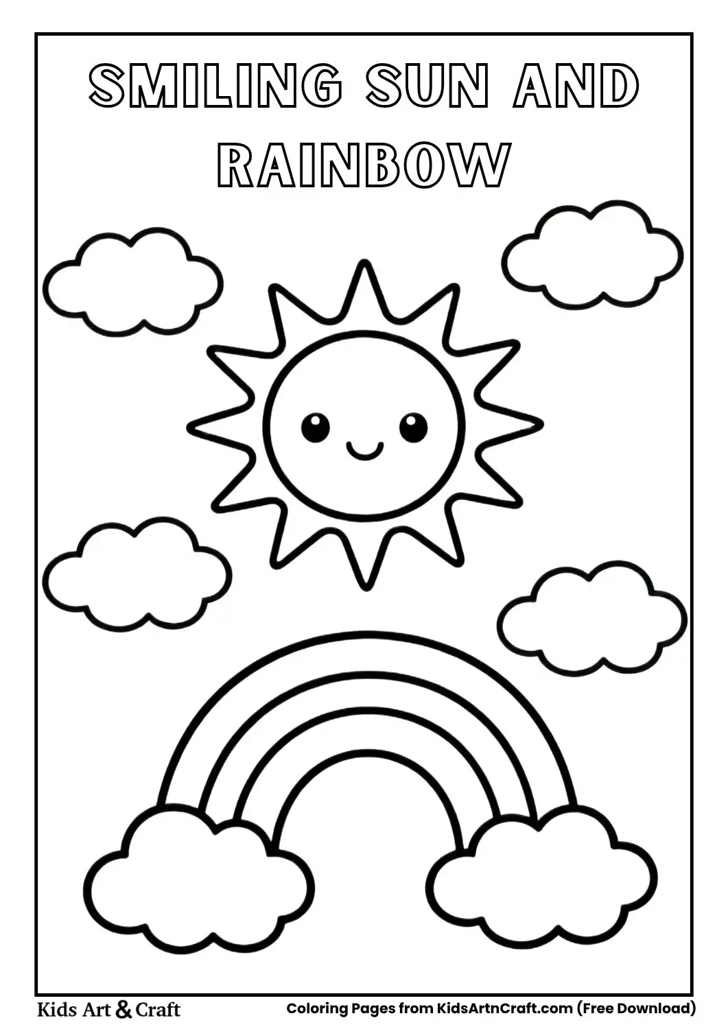 smiling sun clouds rainbow kawaii coloring page outline