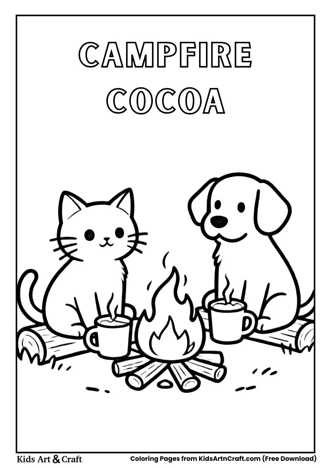 Cat and puppy by campfire with hot chocolate