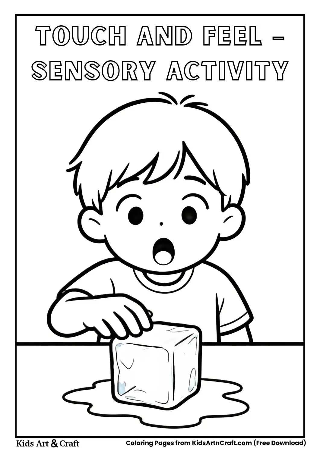 child touching ice cube surprised coloring page