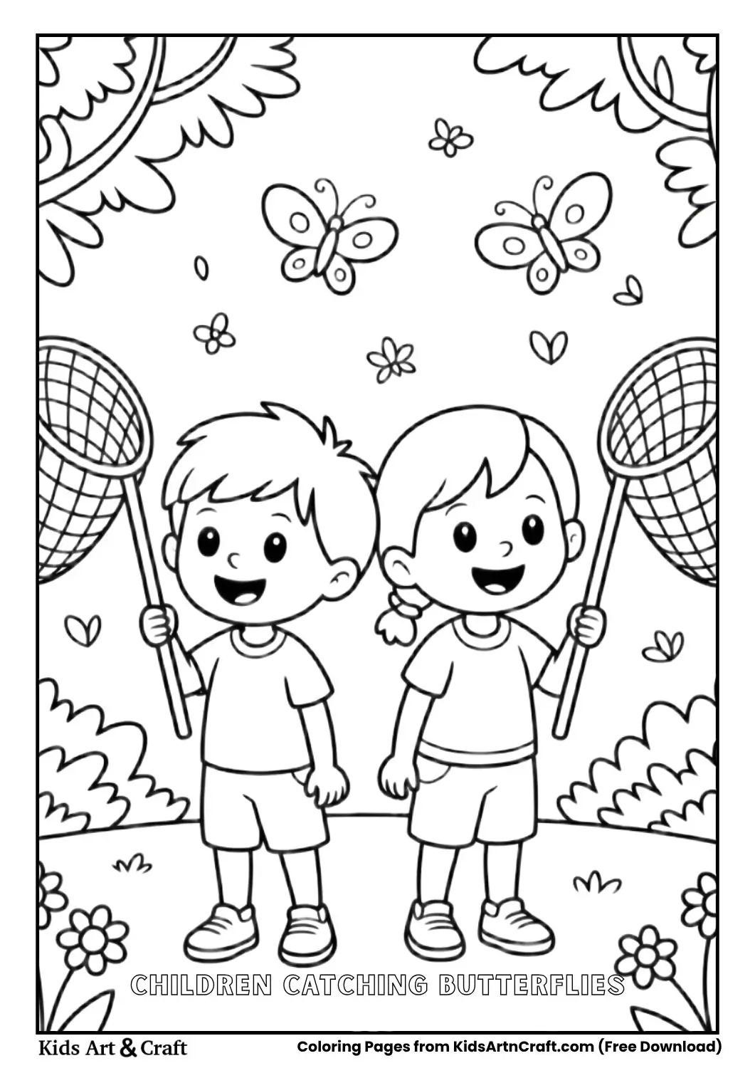 Children catching butterflies in a garden, simple black-and-white coloring page.