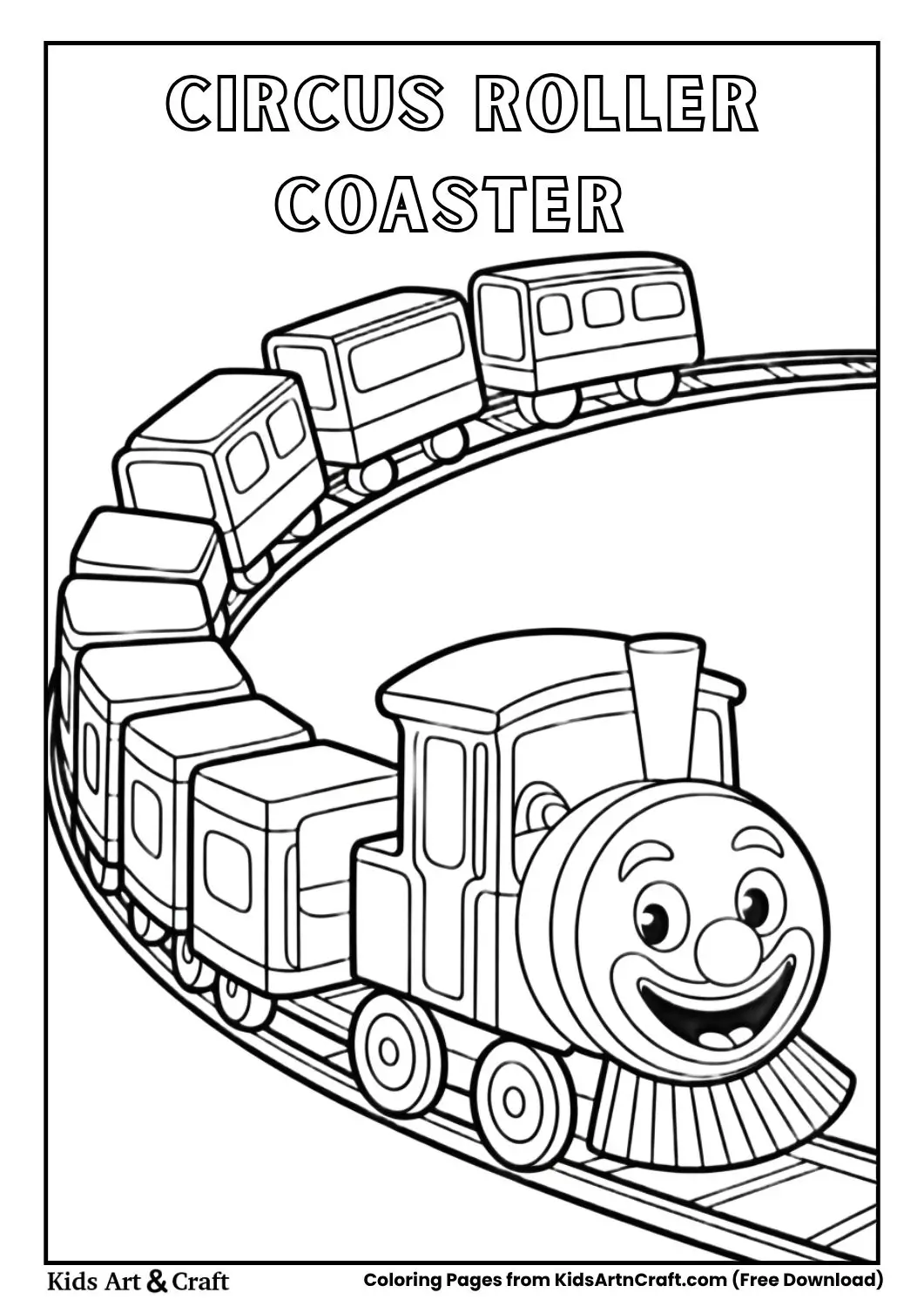 Roller coaster with clown face front car, black and white coloring page