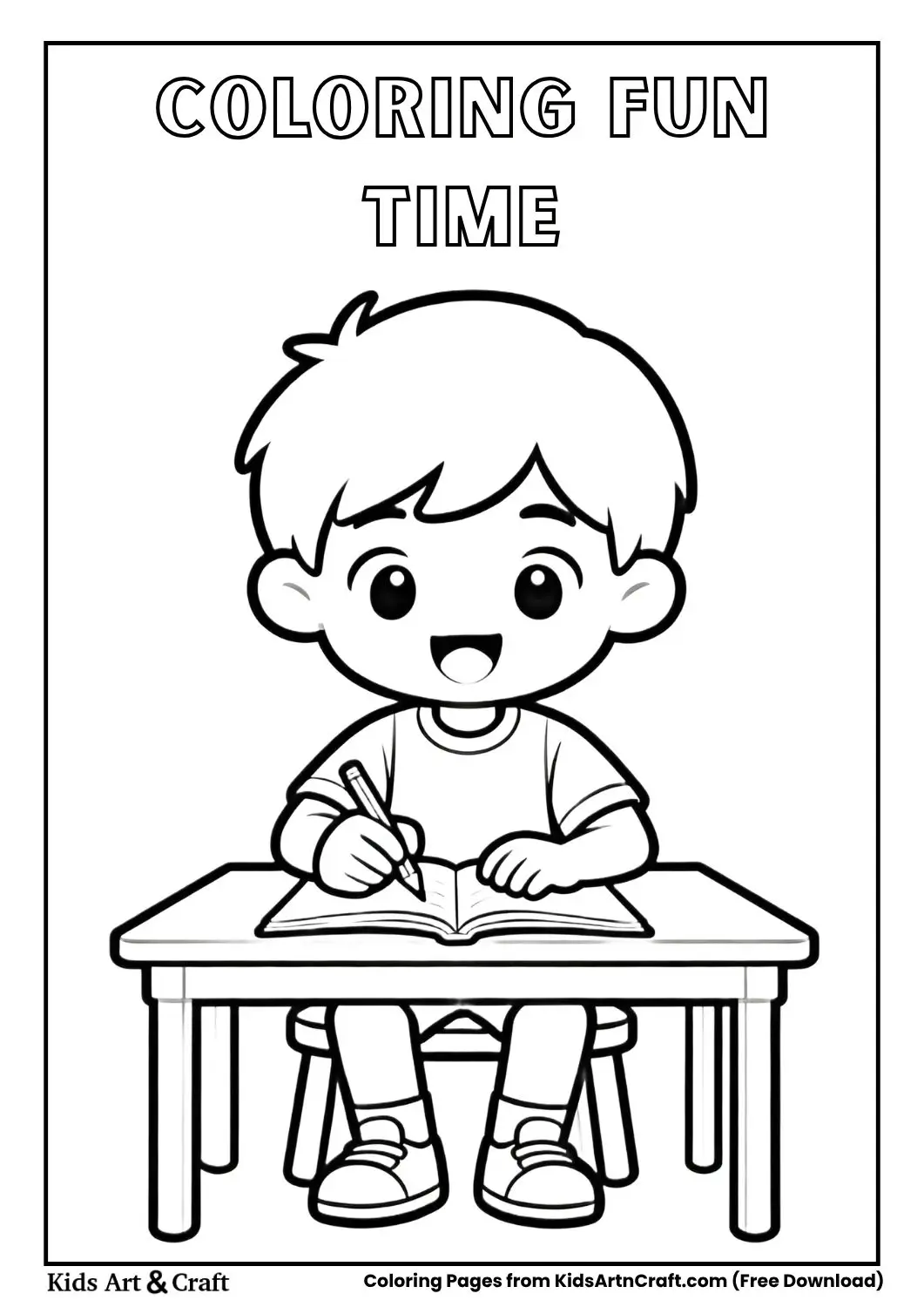 Kid coloring at table coloring page
