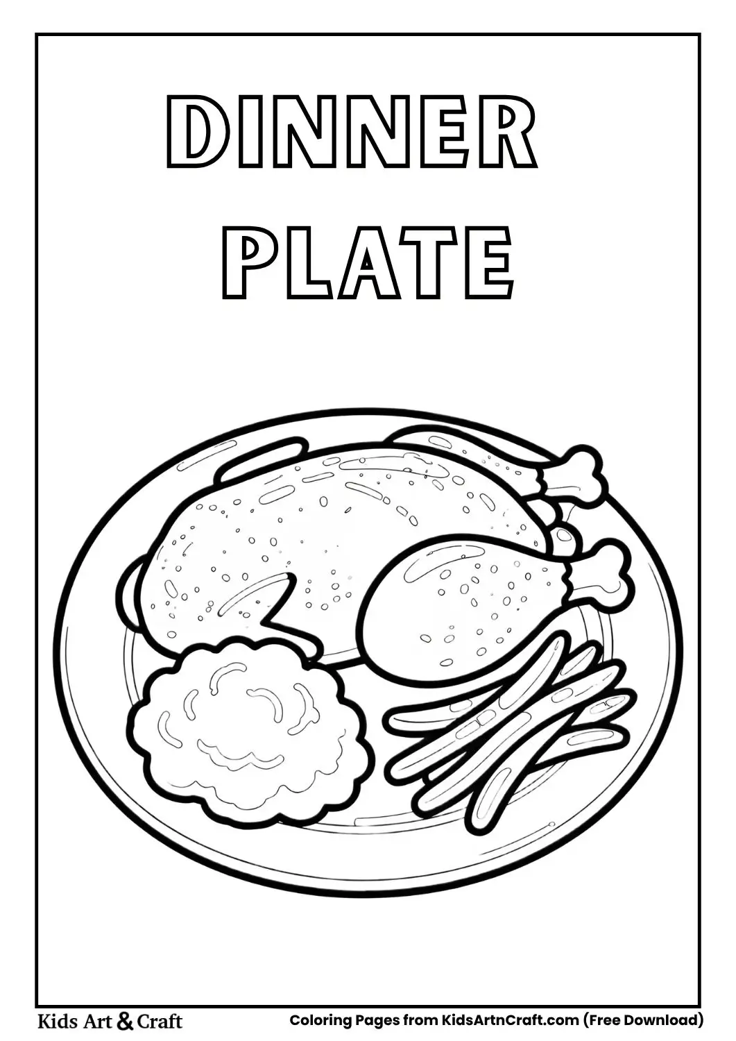 Black and white coloring page of a dinner plate with roasted chicken, mashed potatoes, and green beans