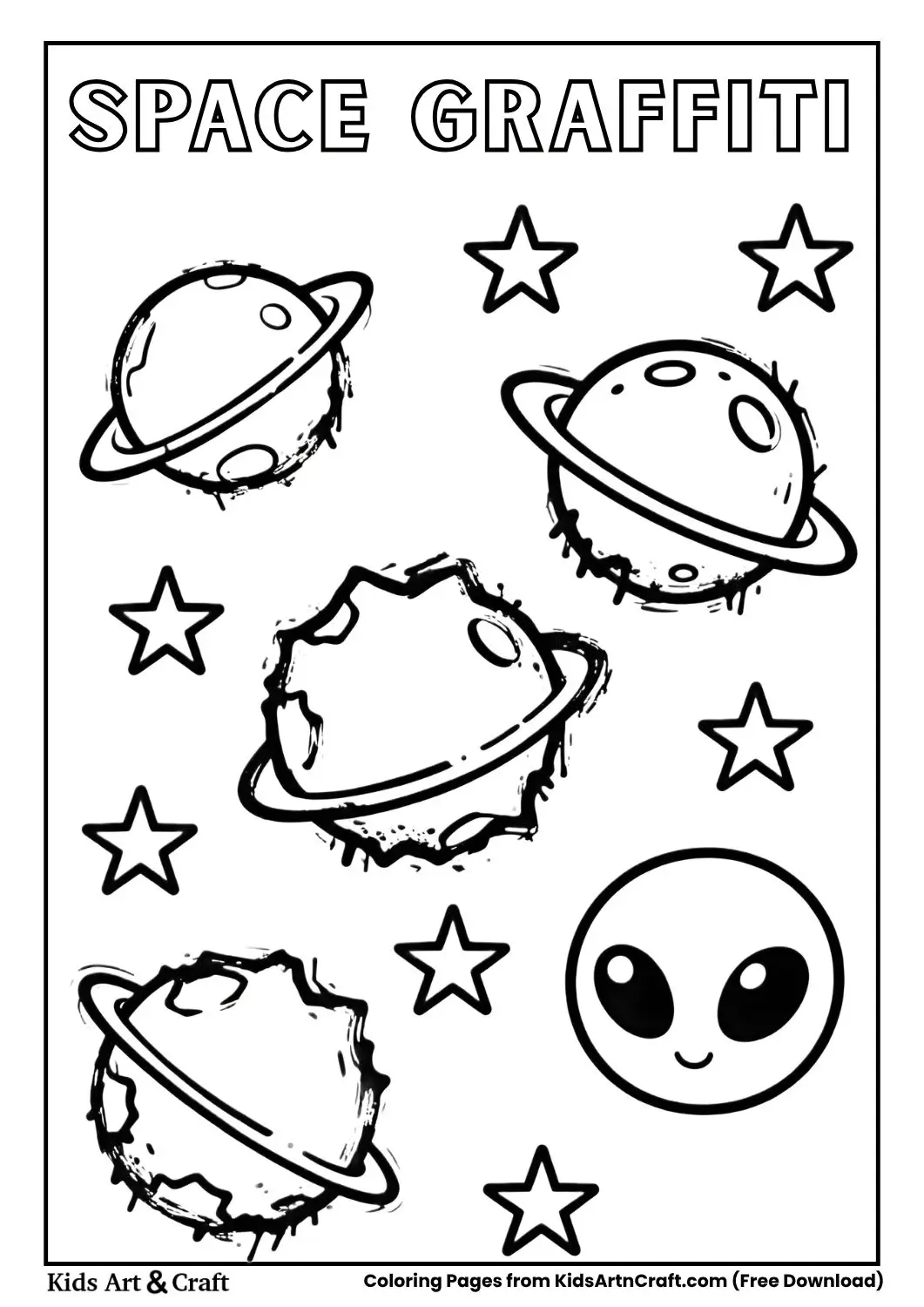 Graffiti planets and alien coloring page