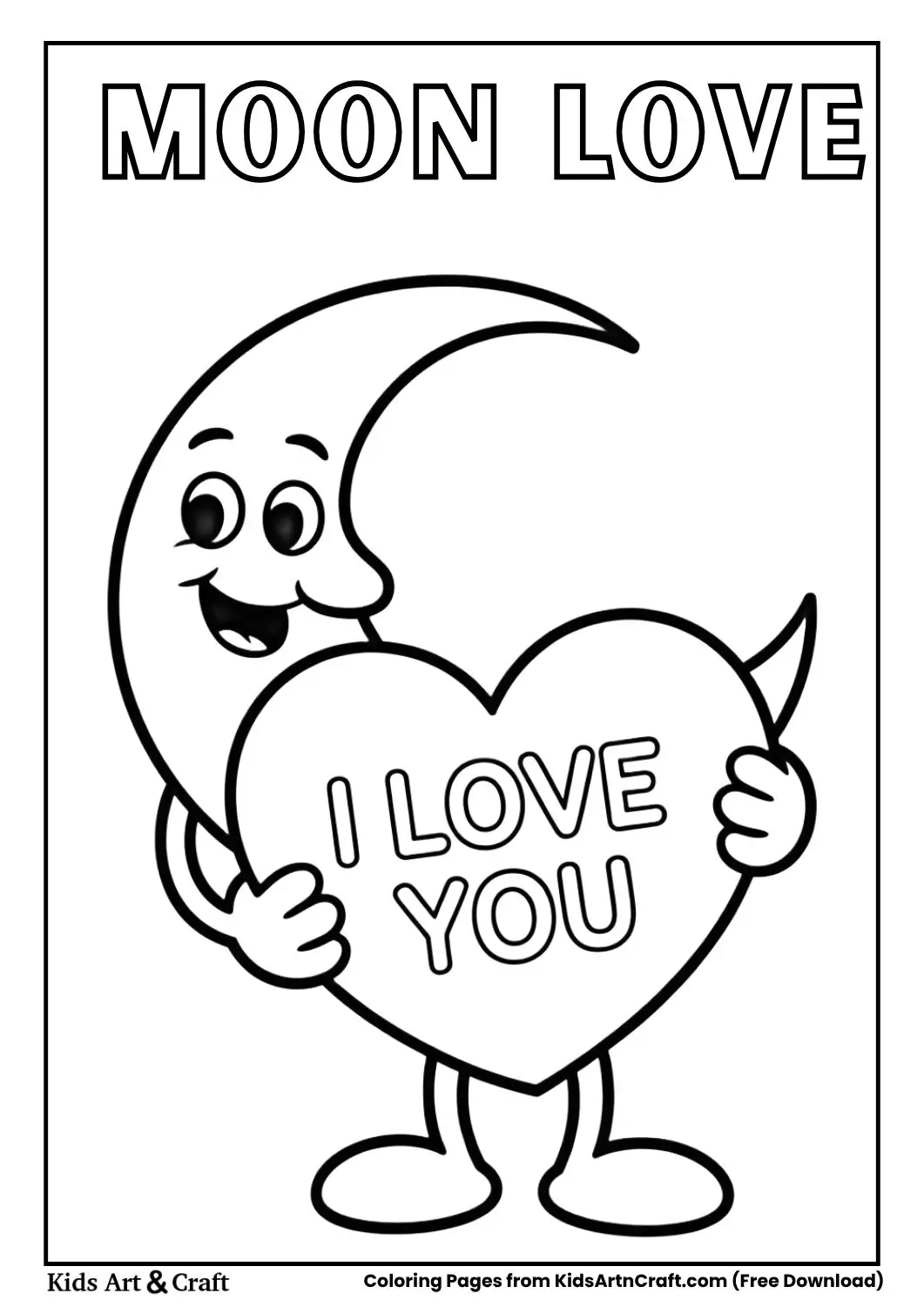 Moon hugging heart with I Love You coloring page