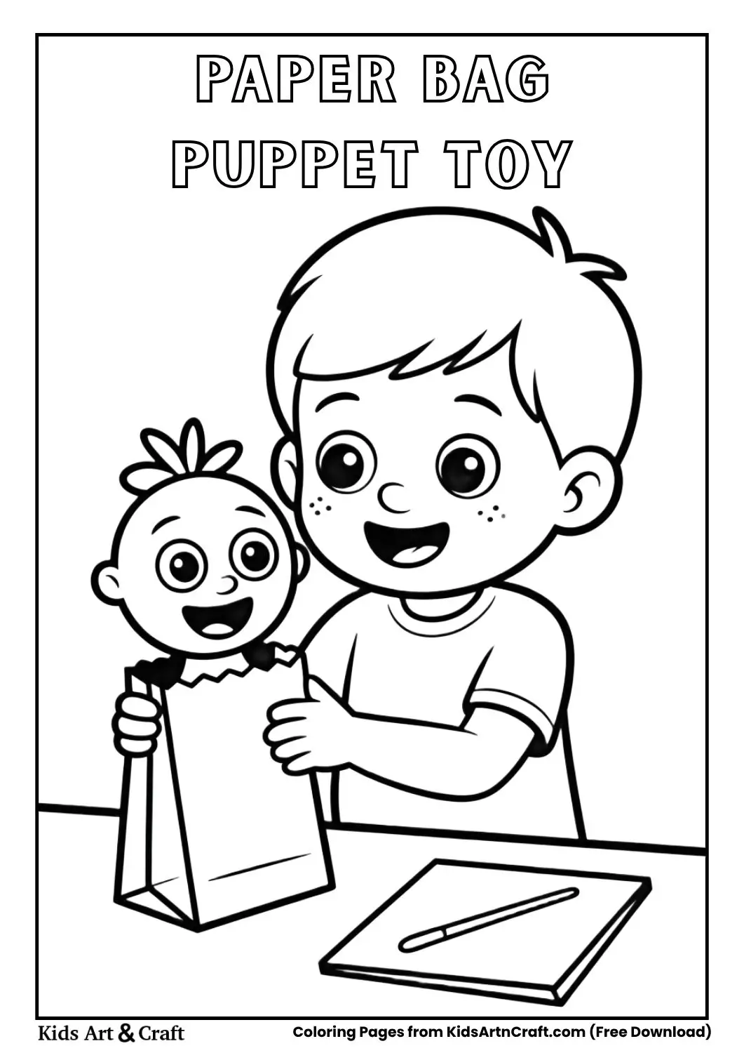 child making paper bag puppet toy simple coloring page line art
