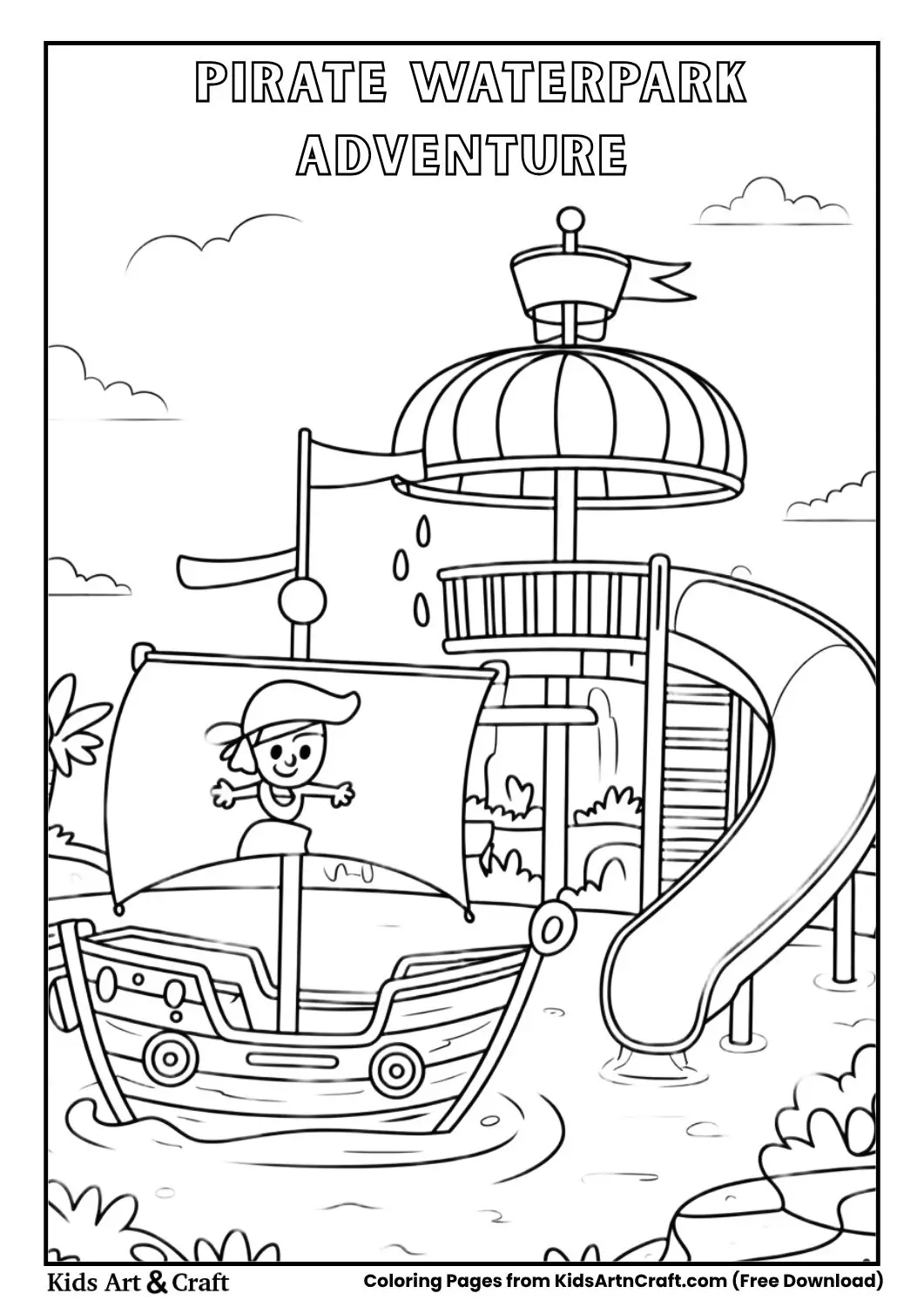 Pirate themed waterpark with small ship and slide