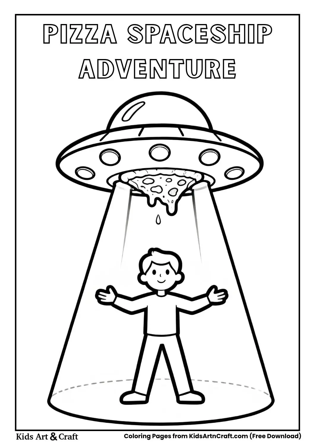 Pizza spaceship abducting humans coloring page