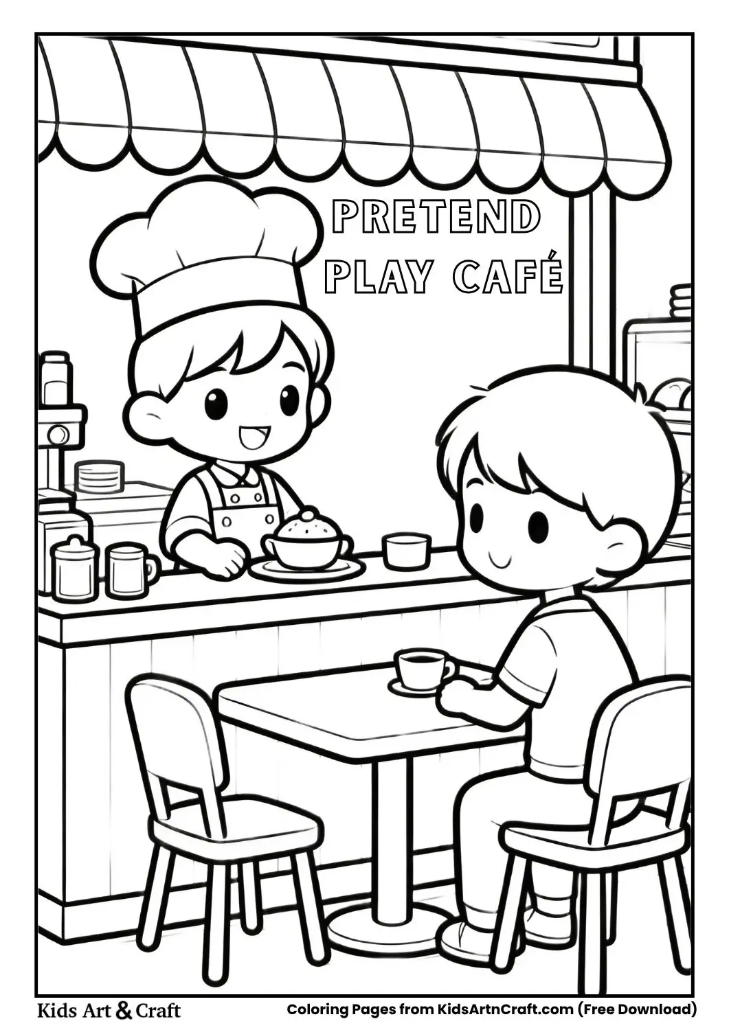 kids playing chef and customer coloring page