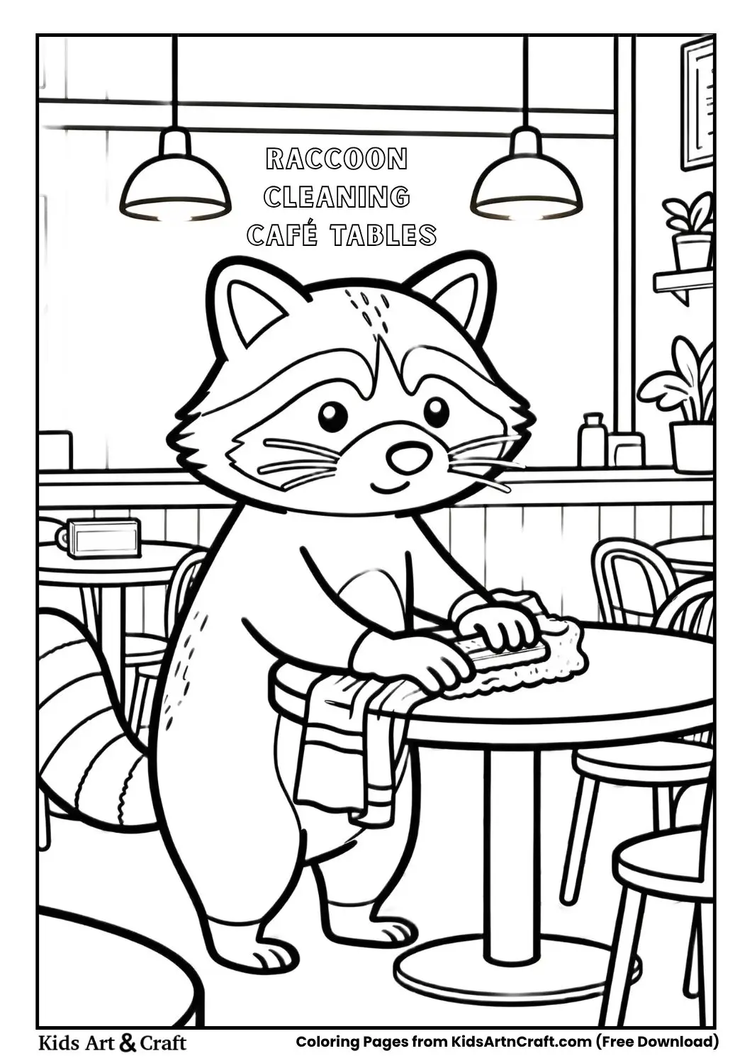 Raccoon cleaning café tables coloring page