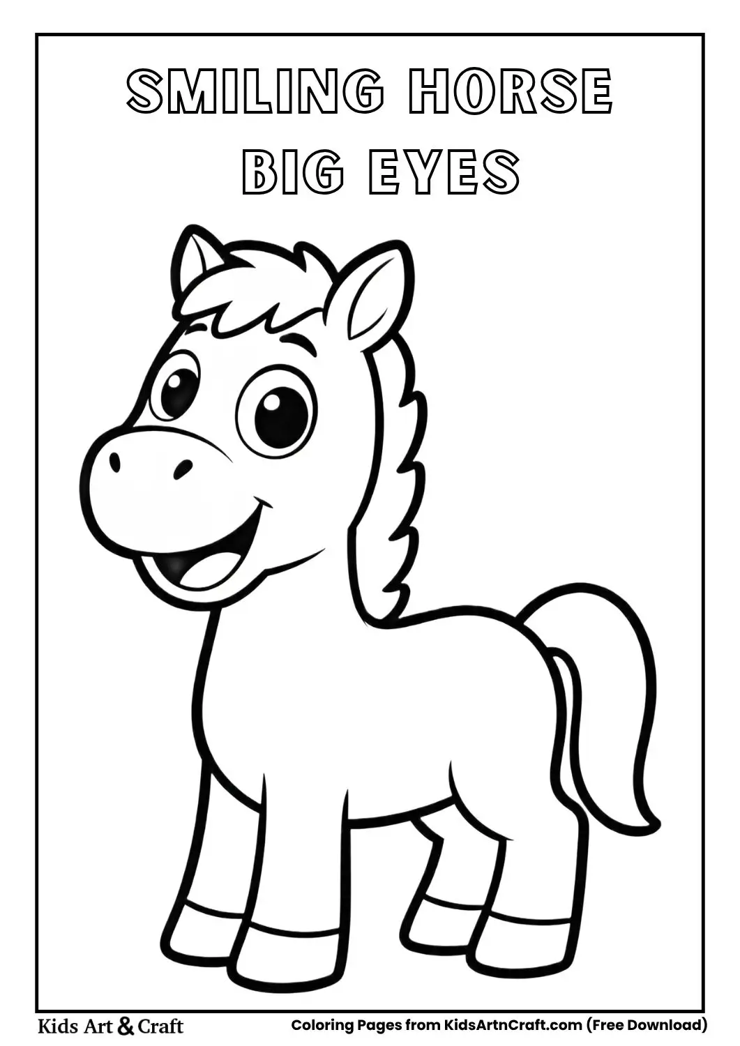 Smiling horse with big eyes black and white coloring page