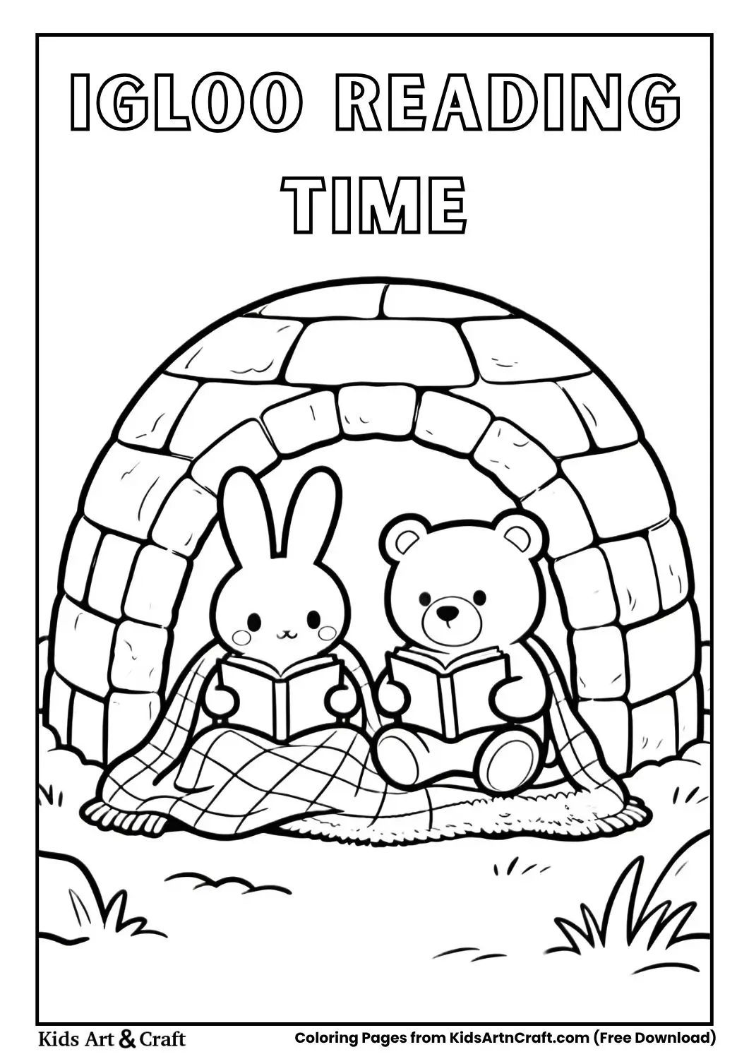 Bunny and Bear reading under blanket in igloo coloring page