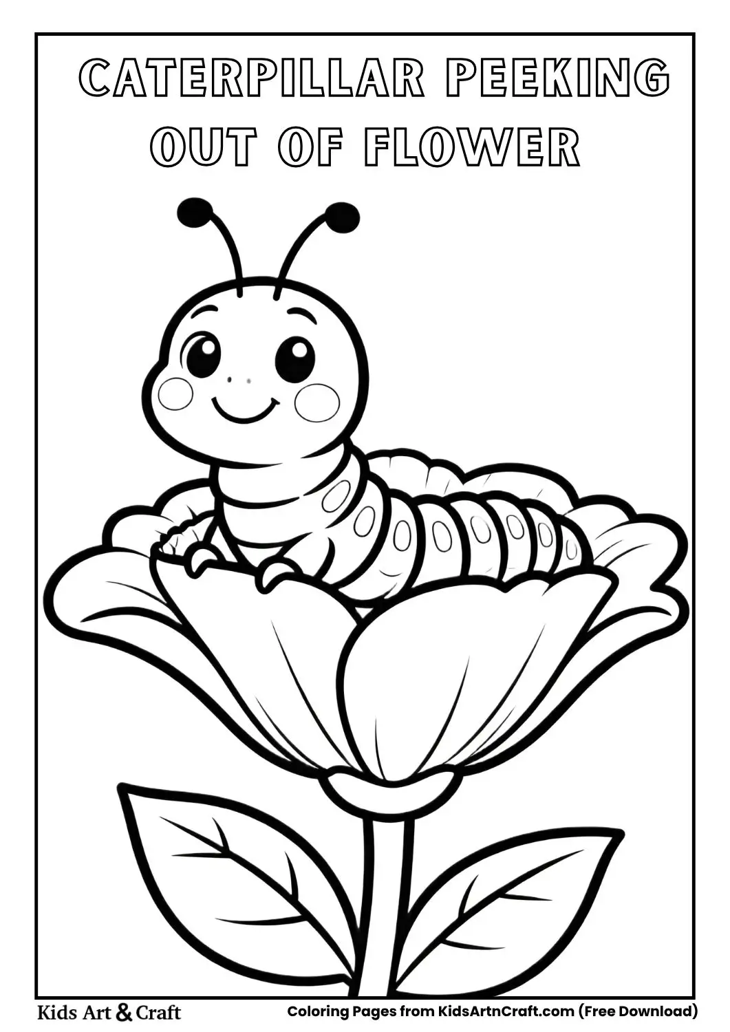 Caterpillar peeking out of a flower, smiling, black and white coloring page
