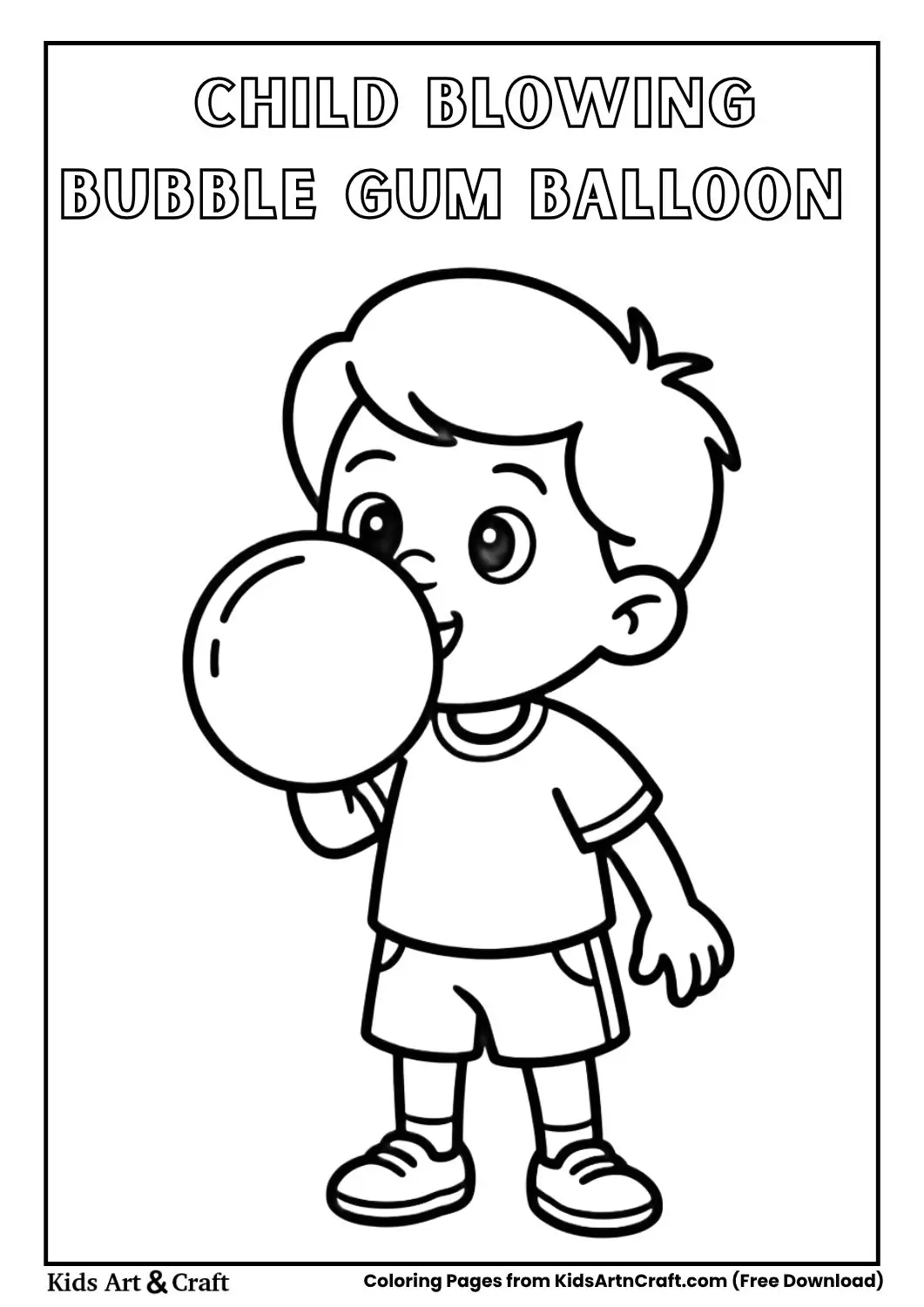smiling child blowing a round bubble gum balloon simple black and white coloring page