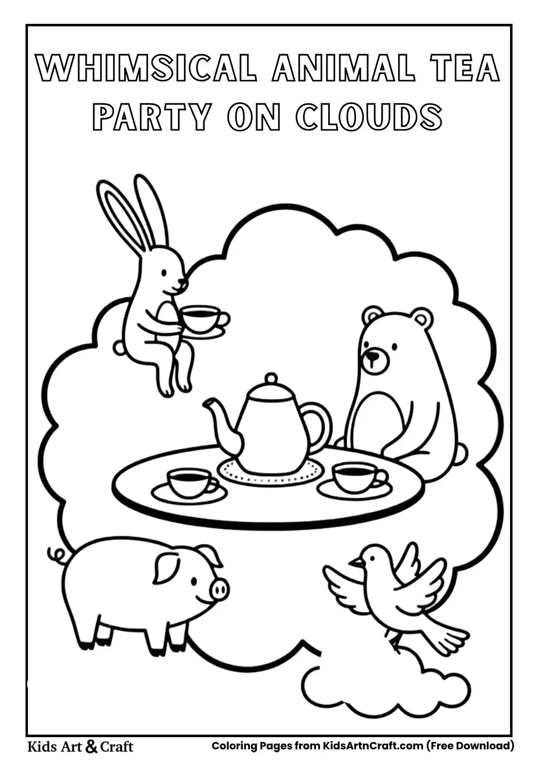 Animals having tea party on clouds coloring page