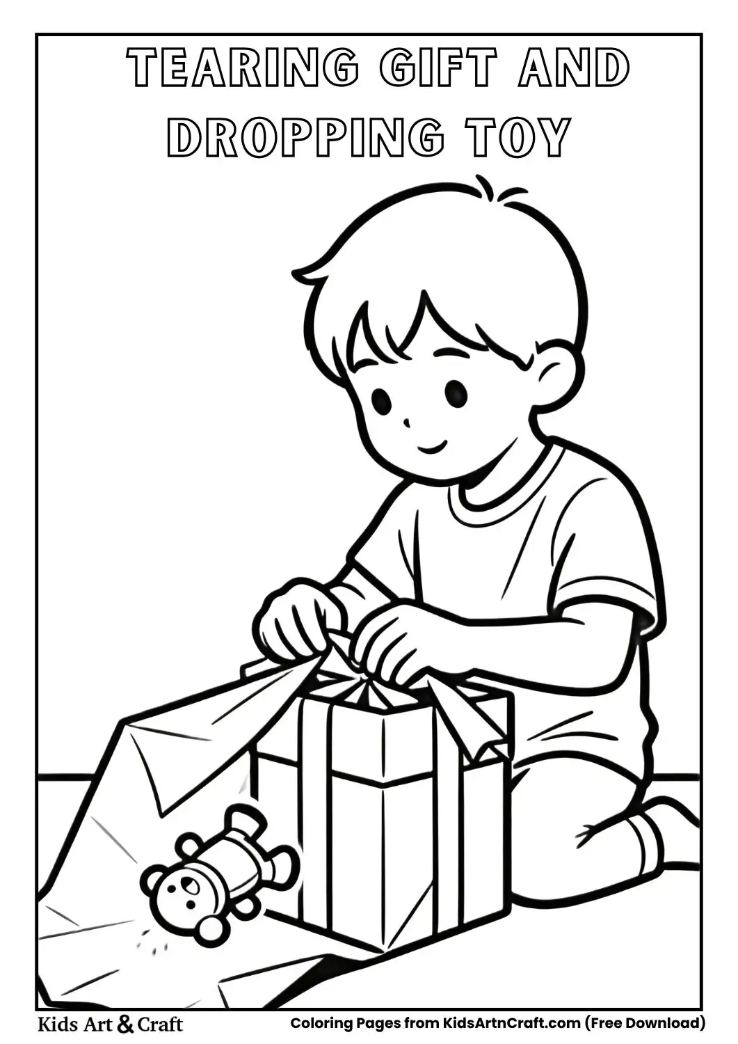 Child tearing gift wrapping and dropping toy coloring page
